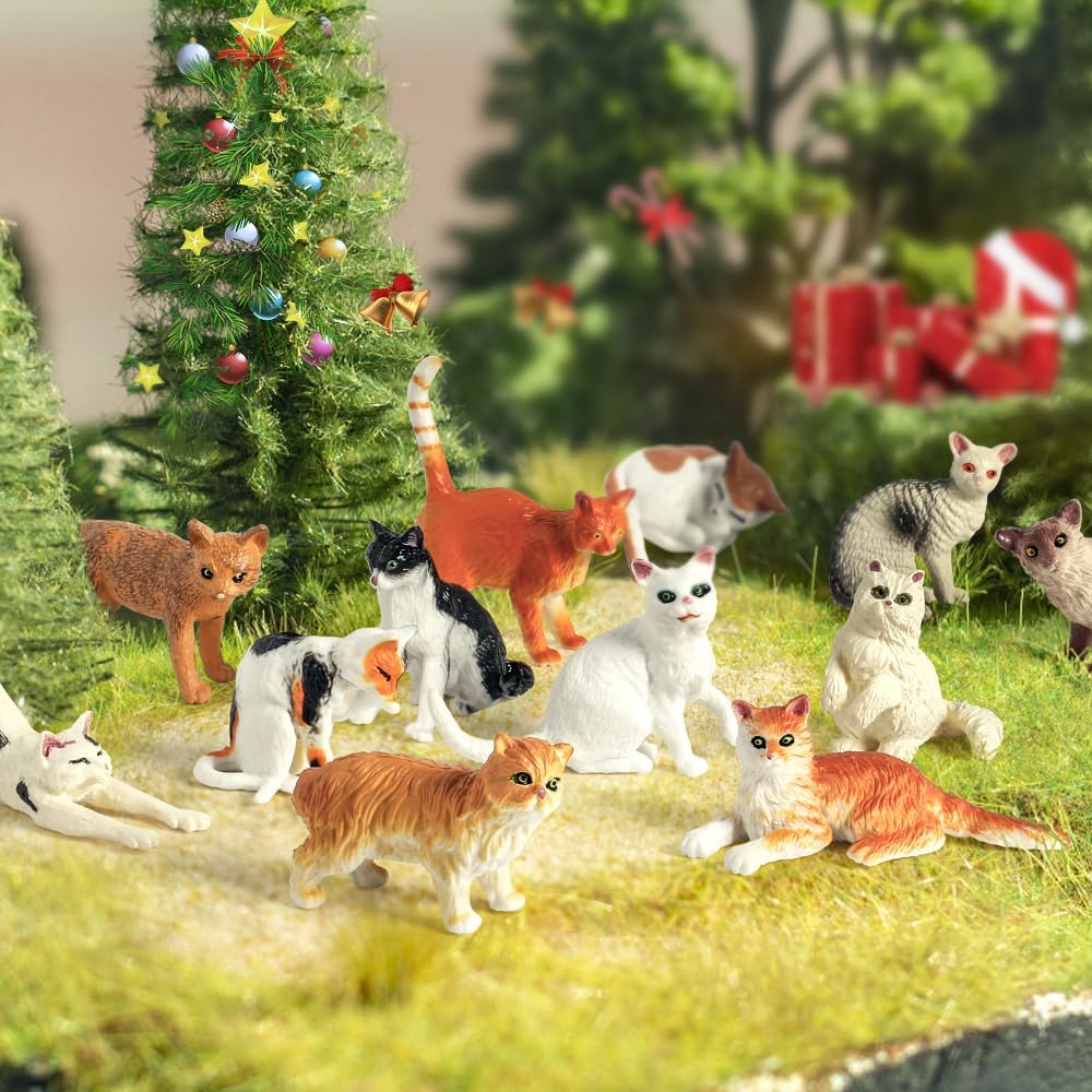 Mini Tudou Juego de figuras de gato de 12 piezas, juego de figuras de gato realistas con cuenco de comida, juguetes educativos para gatitos, figuras