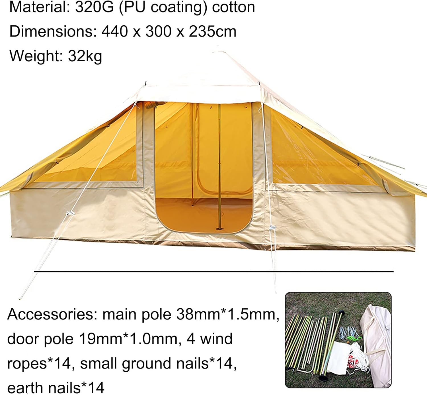 Tienda de campaña Campana Yurt Tienda de campaña de lona de algodón de doble puerta pirámide de 11.29 oz, tiendas de campaña familiar Glamping para