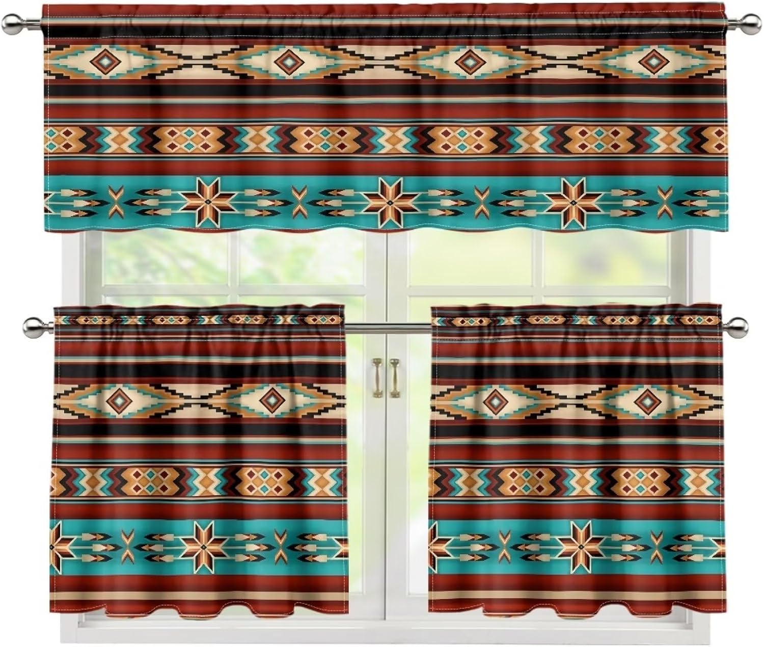 Gomyblomy Azteca – Juego de cortinas y cortinas con bolsillo para barra, juego de 3 cortinas de cocina, elegante y lavable, decoración del hogar,