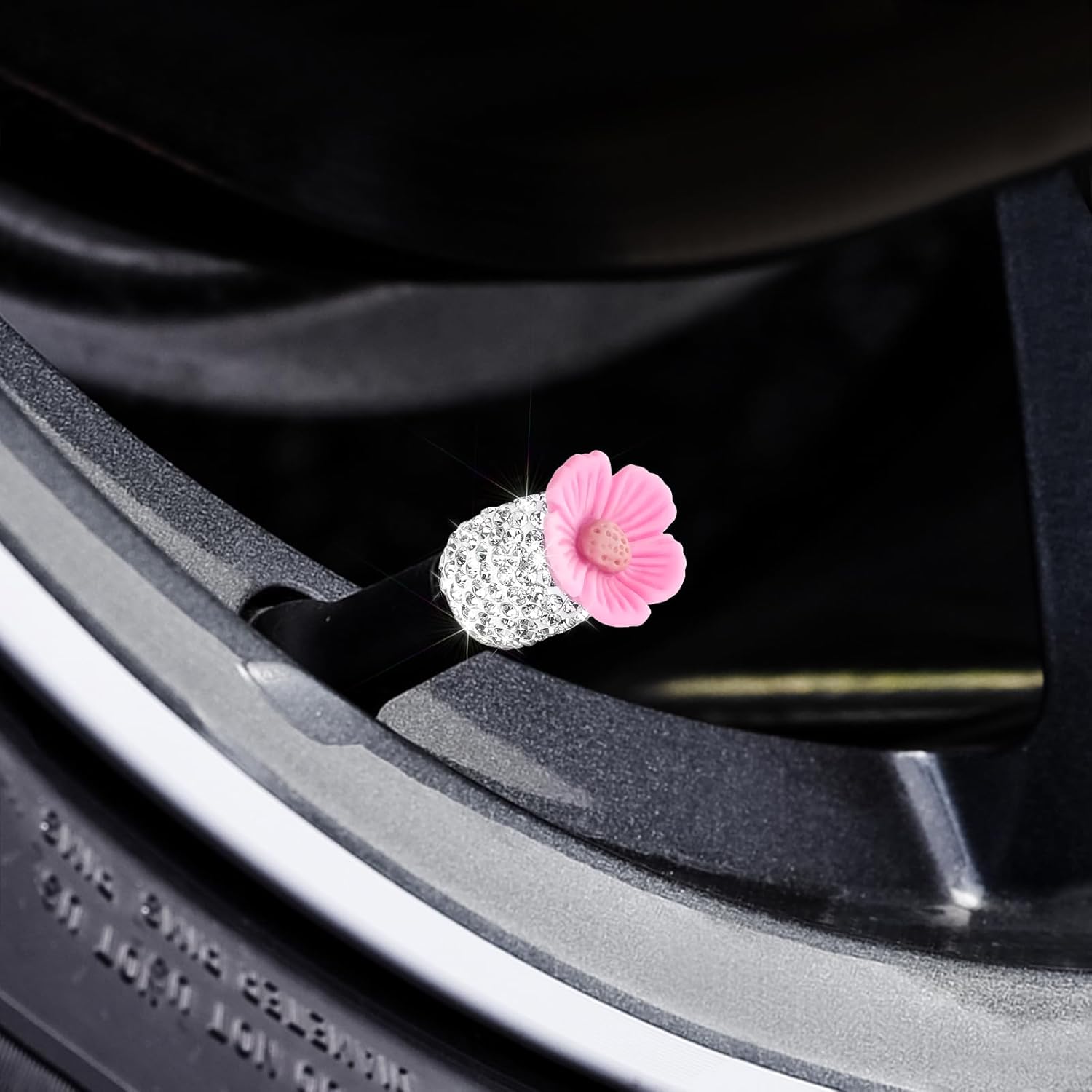 Paquete de 4 tapones de válvula de neumático de automóvil con diamantes de imitación de cristal, flor de Sakura, a prueba de polvo, accesorios