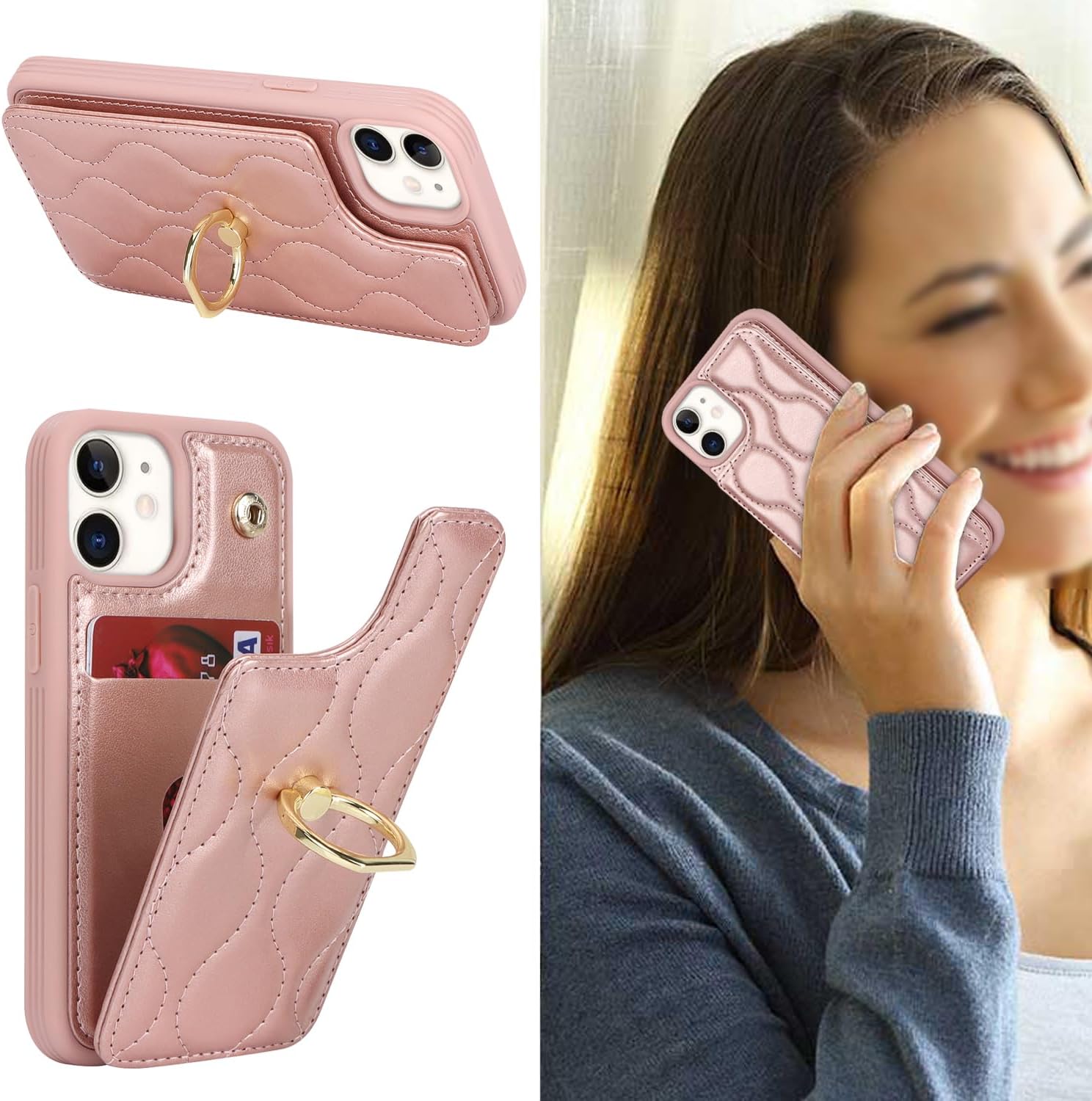 Lipvina Funda para iPhone 12 Mini con tarjetero, soporte para tarjeta de crédito, soporte de anillo de soporte y bloqueo RFID, funda de piel