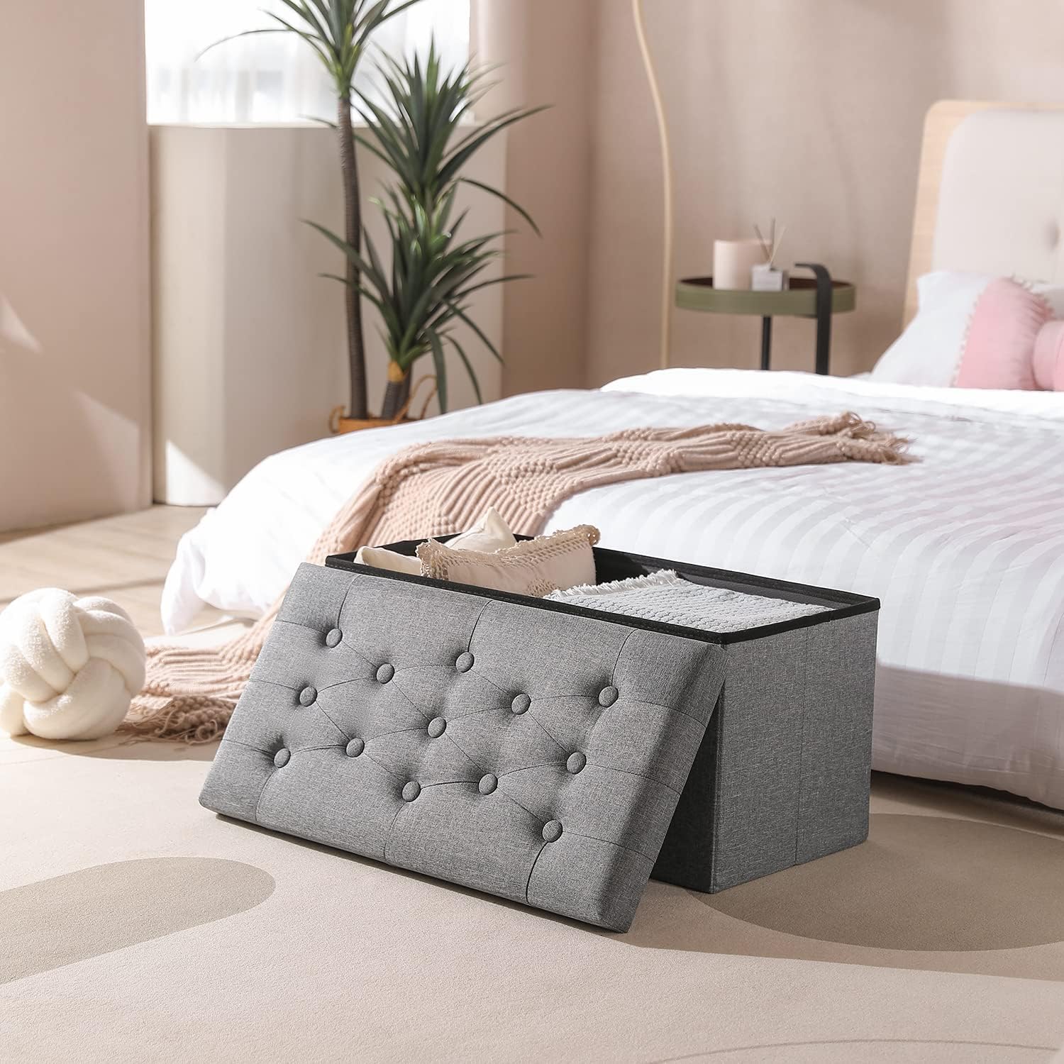 PRANDOM Otomana extra grande con almacenamiento 1 unidad Taburete plegable de lino pequeño con tapa para sala de estar, dormitorio, mesa auxiliar,