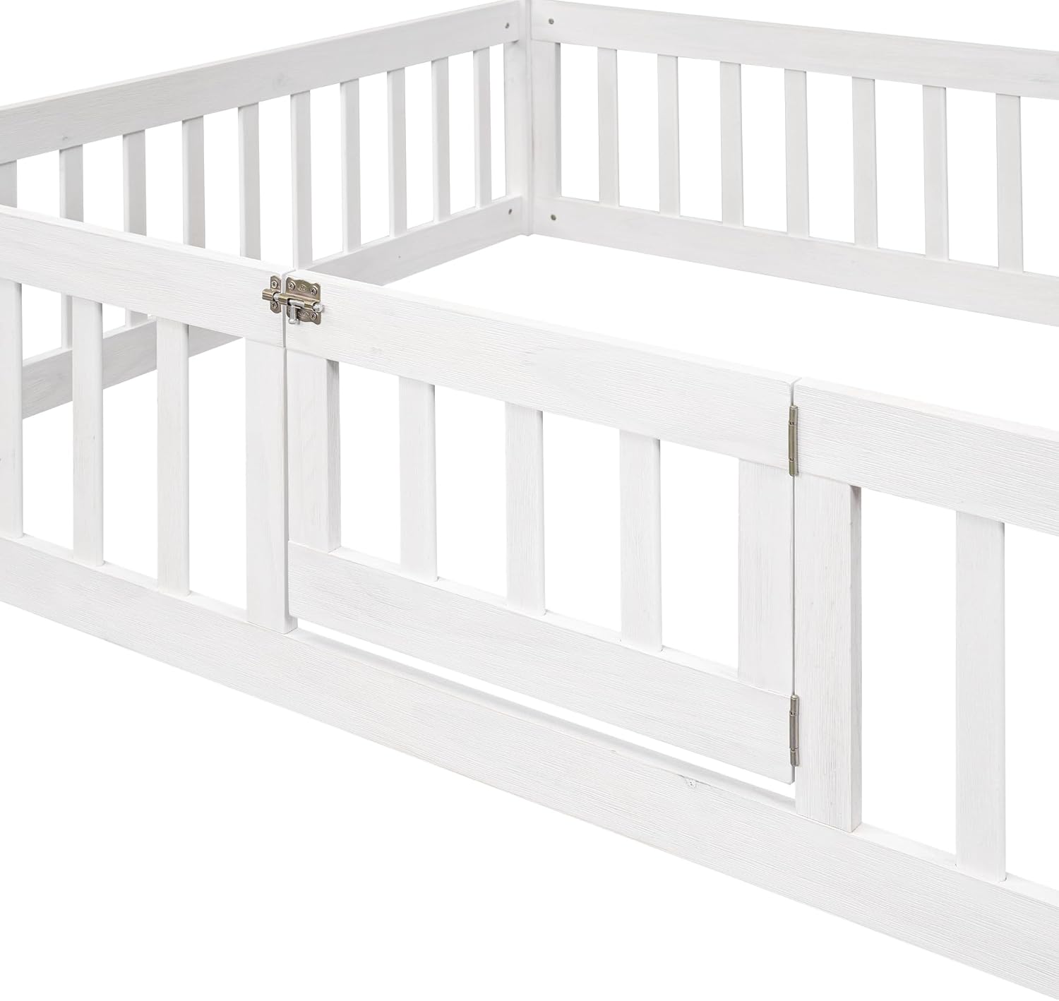 KLMM Cama de madera de tamaño matrimonial con valla y puerta, marco de cama de madera para niños o niñas, se puede decorar (valla blanca + puerta)
