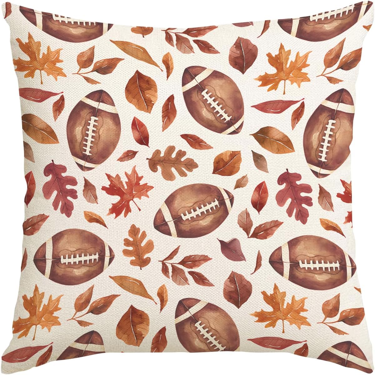 EKOREST Fundas de almohada de otoño de Acción de Gracias de 18 x 18 pulgadas, funda de almohada de fútbol con hojas de arce, decoración de otoño de