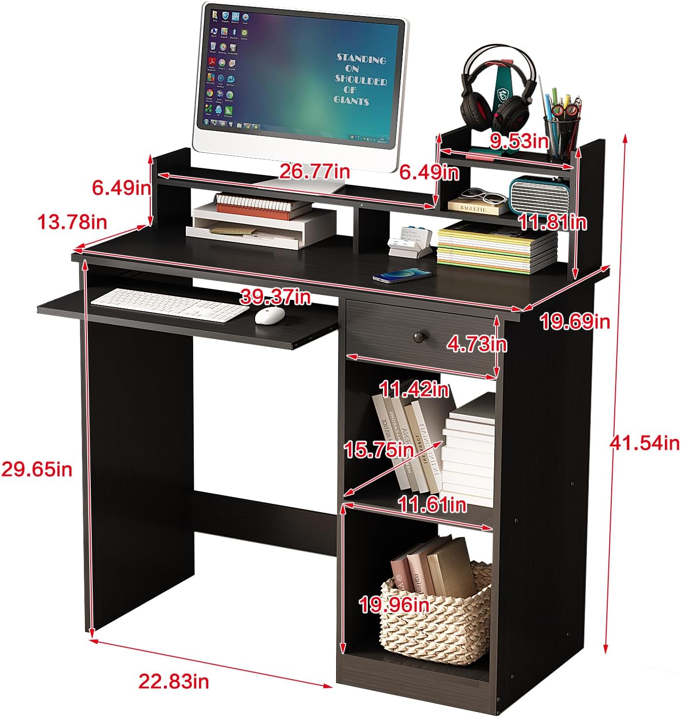 ALISENED Escritorio para computadora con cajón y bandeja para teclado, escritorio de estudio de 39.3 pulgadas con gabinete de escritorio y estantes