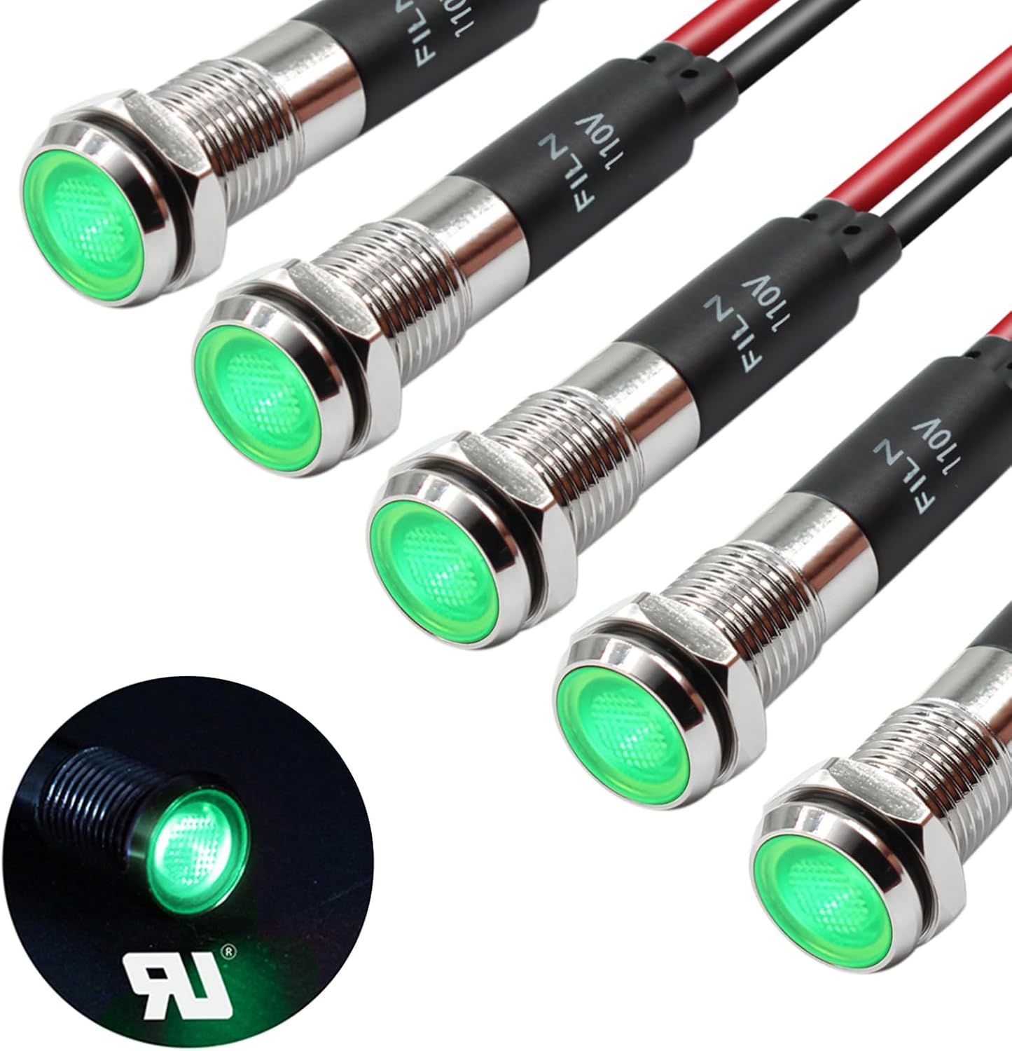 FILN 5 luces indicadoras LED de 0.315 in (516 pulgadas) 110 V 220 V metal piloto luces aluminio negro anodizado impermeable ip67 luz de señal roja
