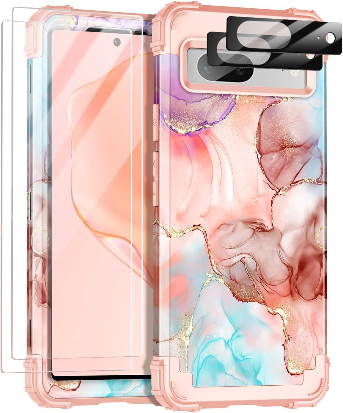 Funda para Google Pixel 7, tres capas resistentes a prueba de golpes de cuerpo completo con 2 protectores de pantalla de vidrio templado + 2