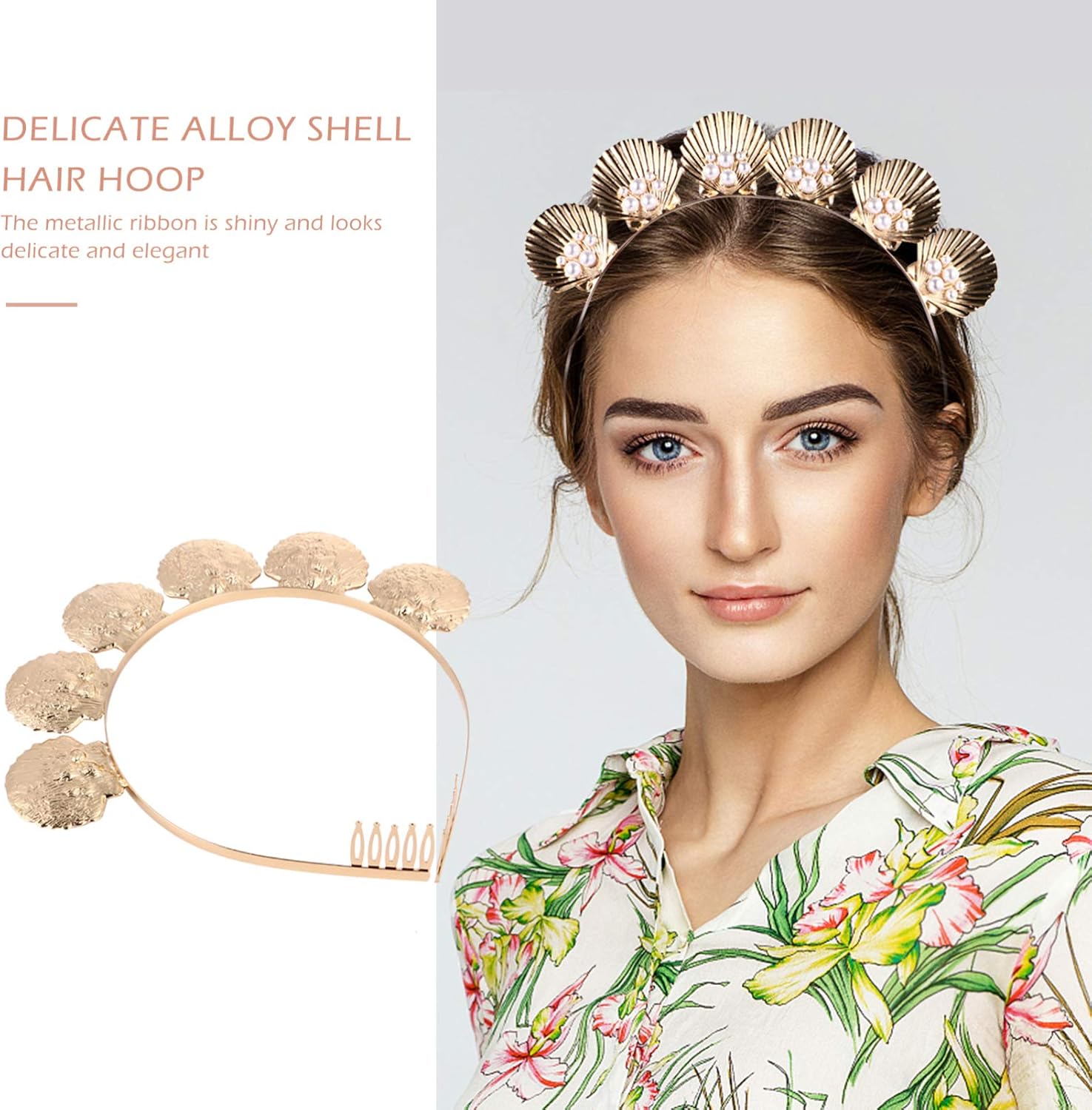 Minkissy Diadema de perlas de concha dorada, corona de conchas de mar, tiara de perlas de diosa con peine para mujeres y niñas, boda, Navidad,