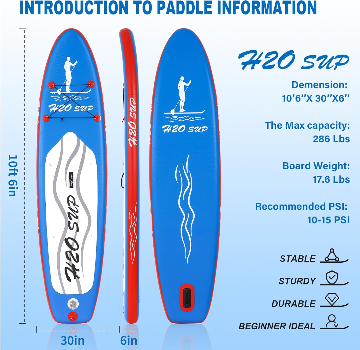 H2OSUP Inflatable Stand Up Paddle Board 10’6”10′ × 30″ × 6″ with Premium SUP Paddle Board Accessories & Backpack, Ultra-Light, Wide Stable Design,