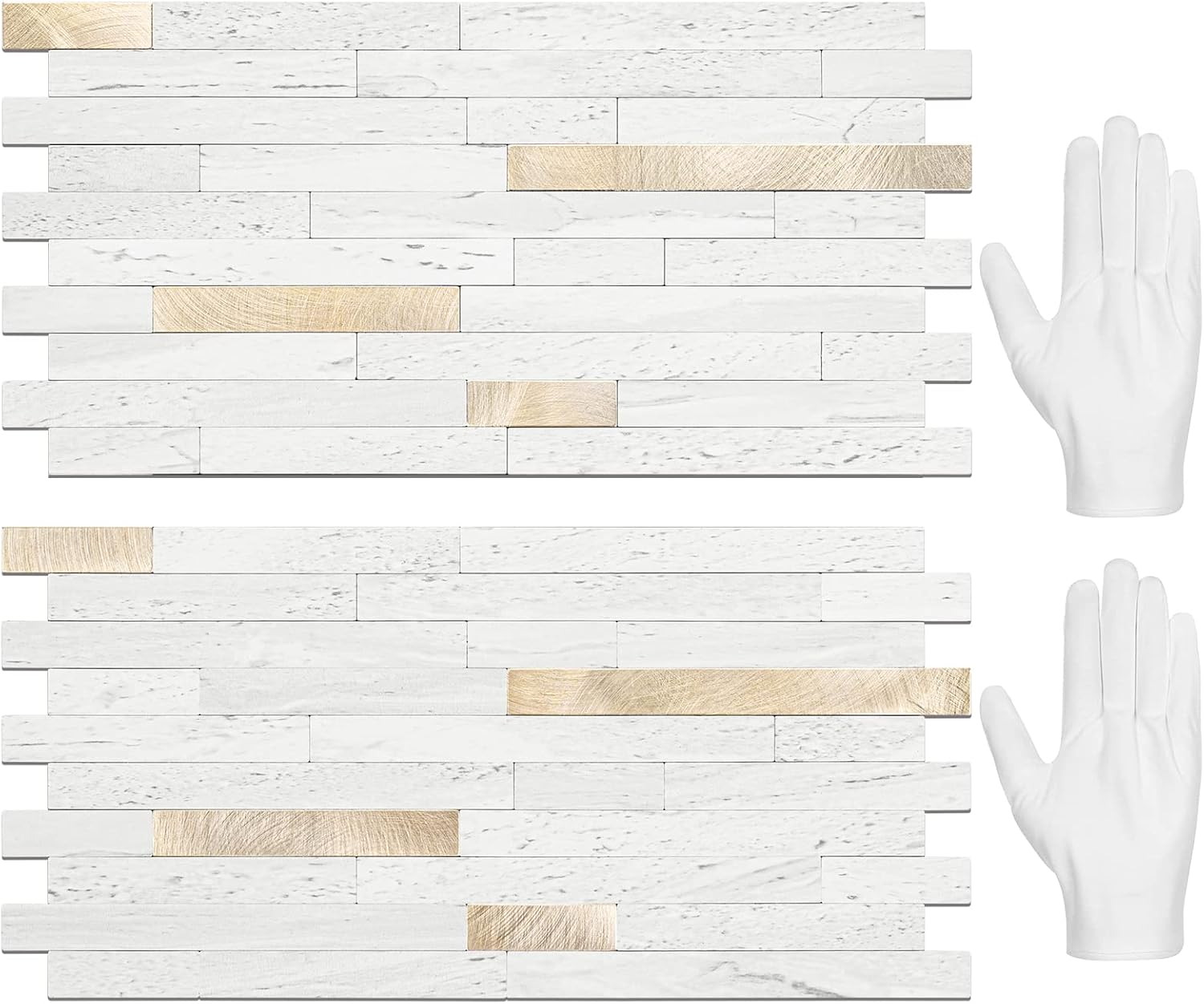STICKGOO 20 hojas de azulejos autoadhesivos para salpicaduras para cocina y baño, aspecto de arenisca blanca, PVC, mezcla de metal dorado, azulejos