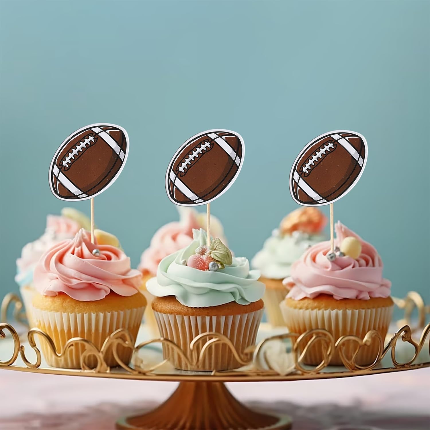 Rsstarxi Paquete de 40 adornos para cupcakes de fútbol americano, bola de rugby, decoración de cupcakes, palillos de dientes para fiesta de