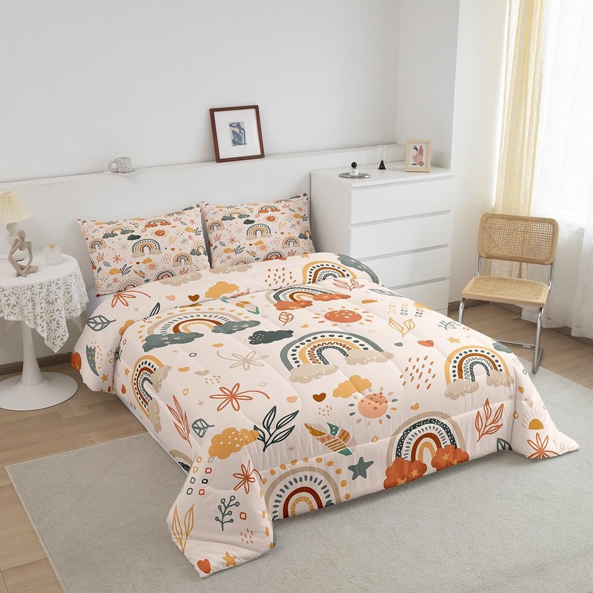 Juego de edredón bohemio con diseño de arco iris para niñas, estilo de mediados de siglo, bohemio, sol, hojas botánicas, floral, juego de ropa de