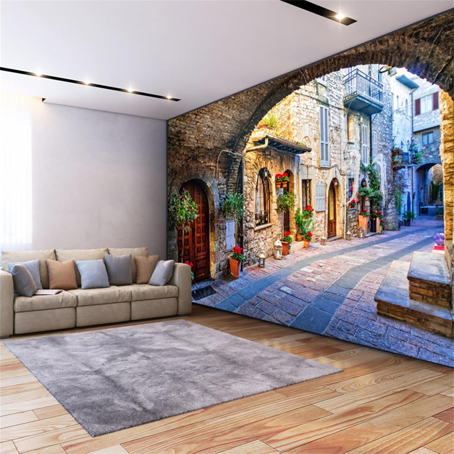 Murales de pared europeos con vista a la calle de la ciudad italiana, papel tapiz 3D de construcción de ciudades, calcomanías de pared sin arrugas,
