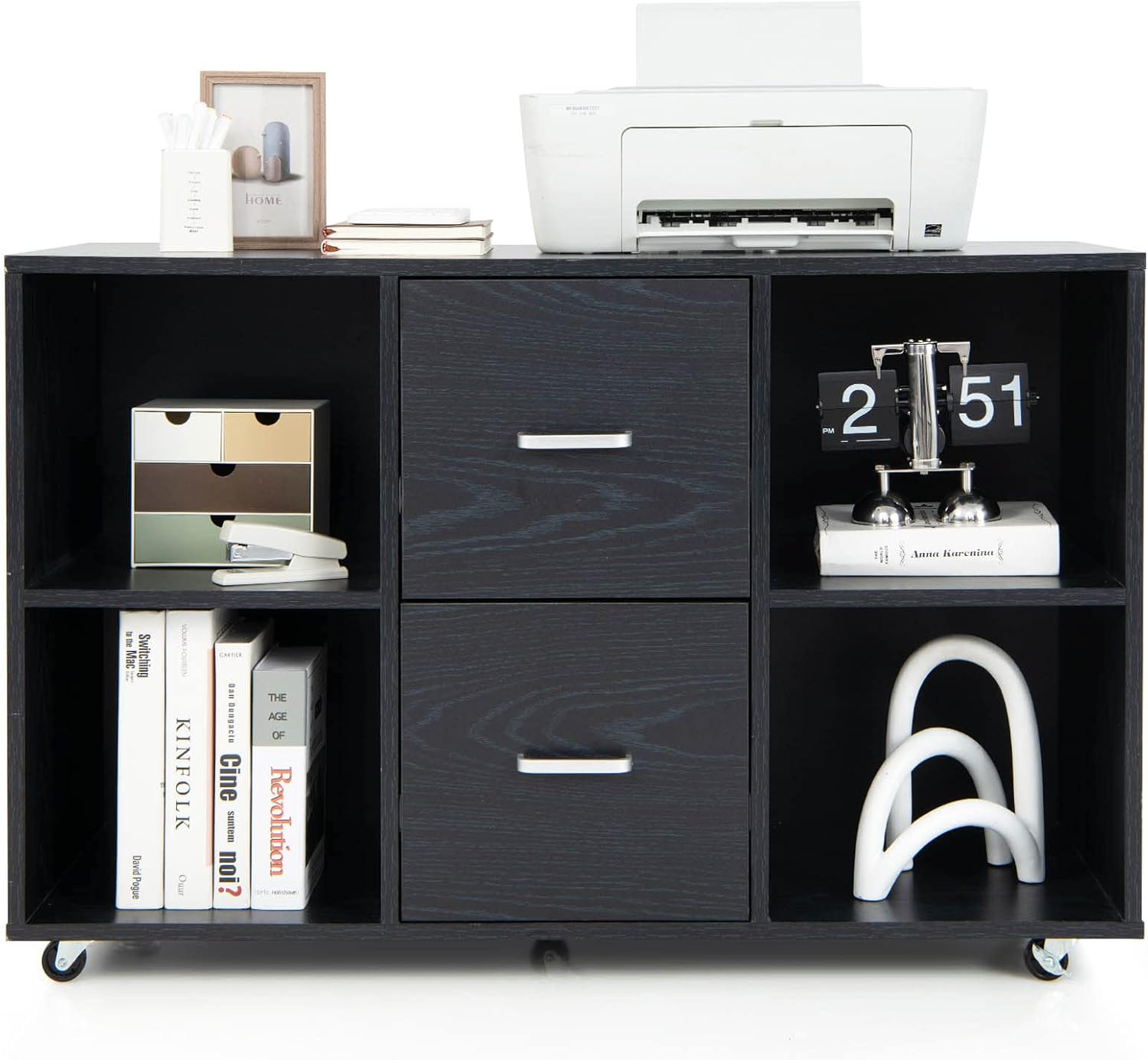 Archivador de 2 cajones, archivador lateral con estantes y ruedas, aparador de buffet negro, gabinete de almacenamiento rodante, gabinetes de madera