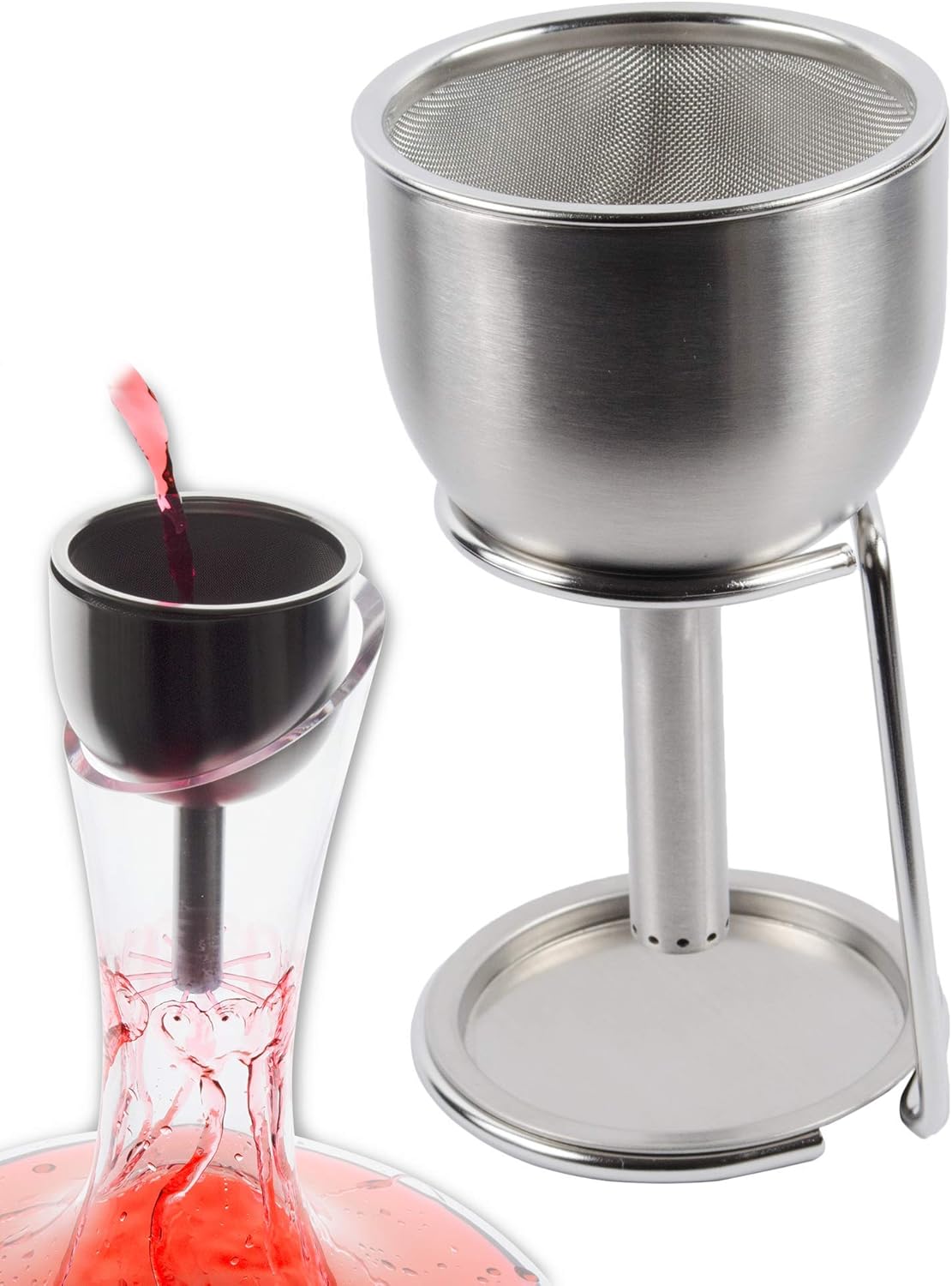 Embudo de acero 3 en 1 con colador (ducha de vino + aireador + filtro + soporte de almacenamiento)  Mejora el vino y limpia los residuos