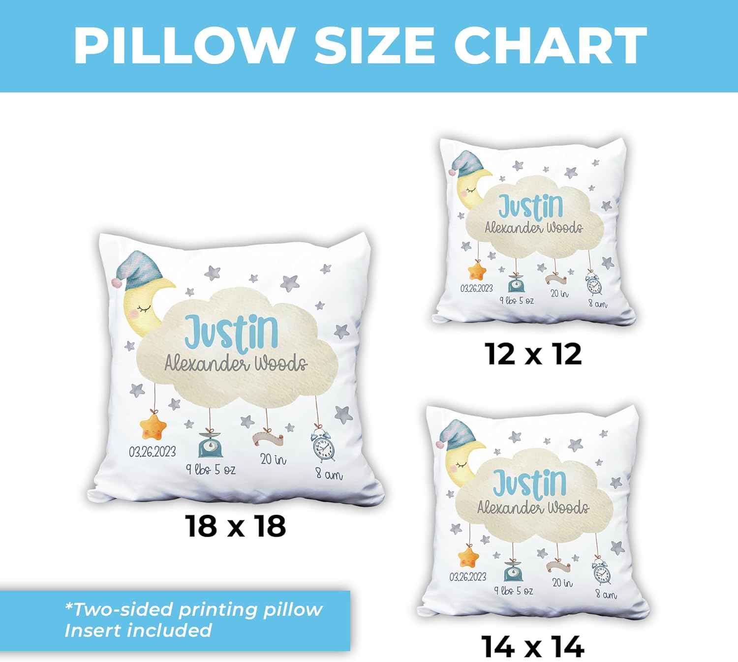 Hyturtle Almohada personalizada con anuncio de nacimiento para niños y niñas (inserto incluido), almohada de guardería, almohada de estadísticas de