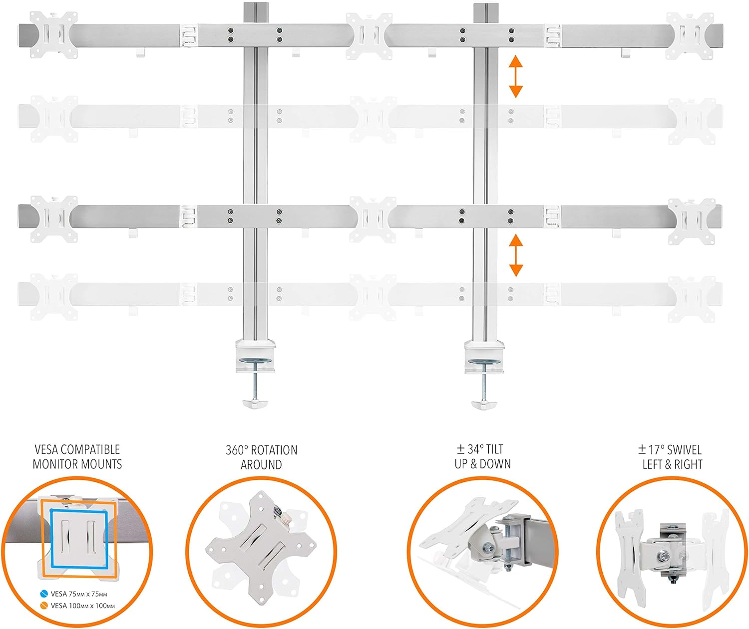 Stand Steady Configuración de escritorio para 6 monitores, soporte de monitor ajustable en altura resistente, brazo giratorio con base de