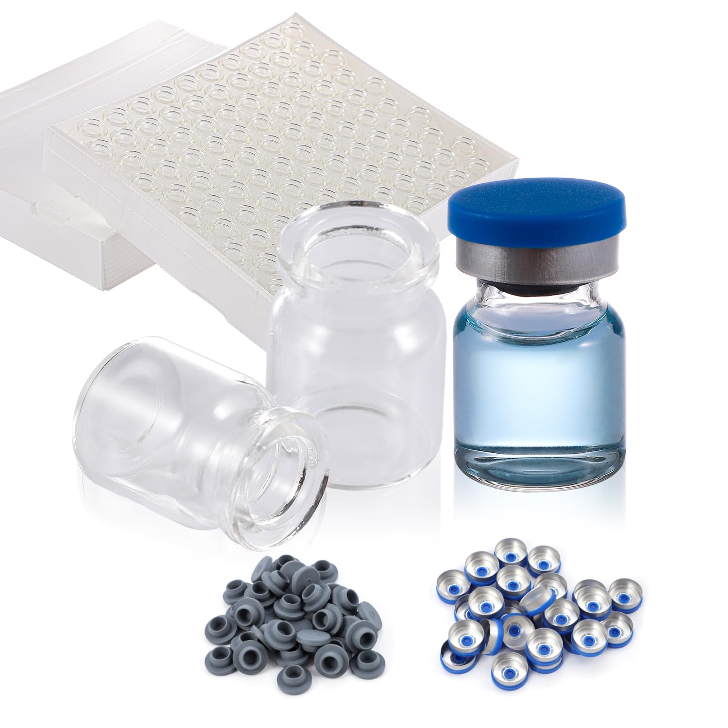 Paquete de 100 viales de vidrio de 0.1 fl oz, viales de vidrio transparente con tapas abatibles de plástico y aluminio y tapones de goma, vial de