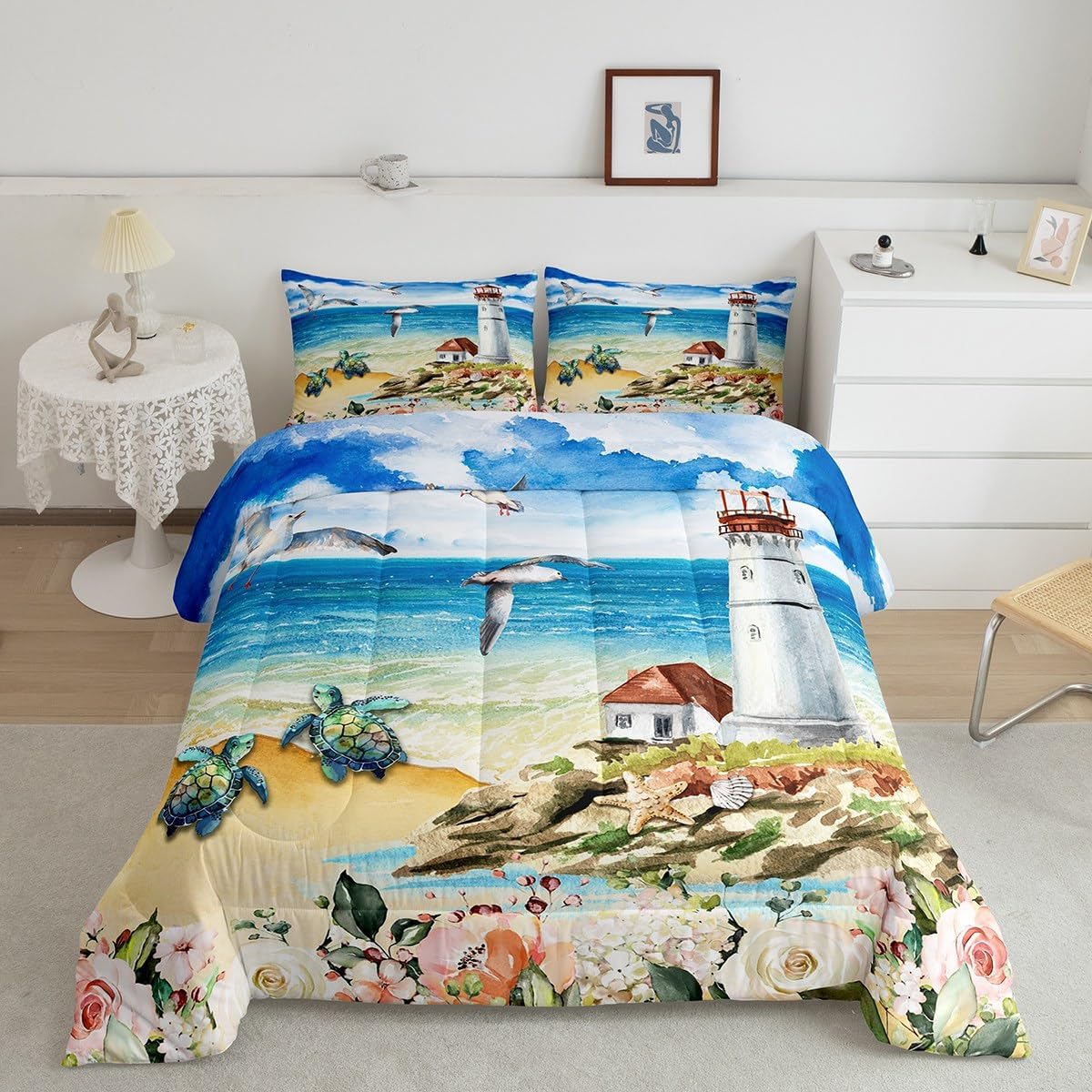 Juego de edredón con diseño de faro de mar, tamaño individual, juego de ropa de cama de animales de tortuga, pájaros, océano, azul, para niños y