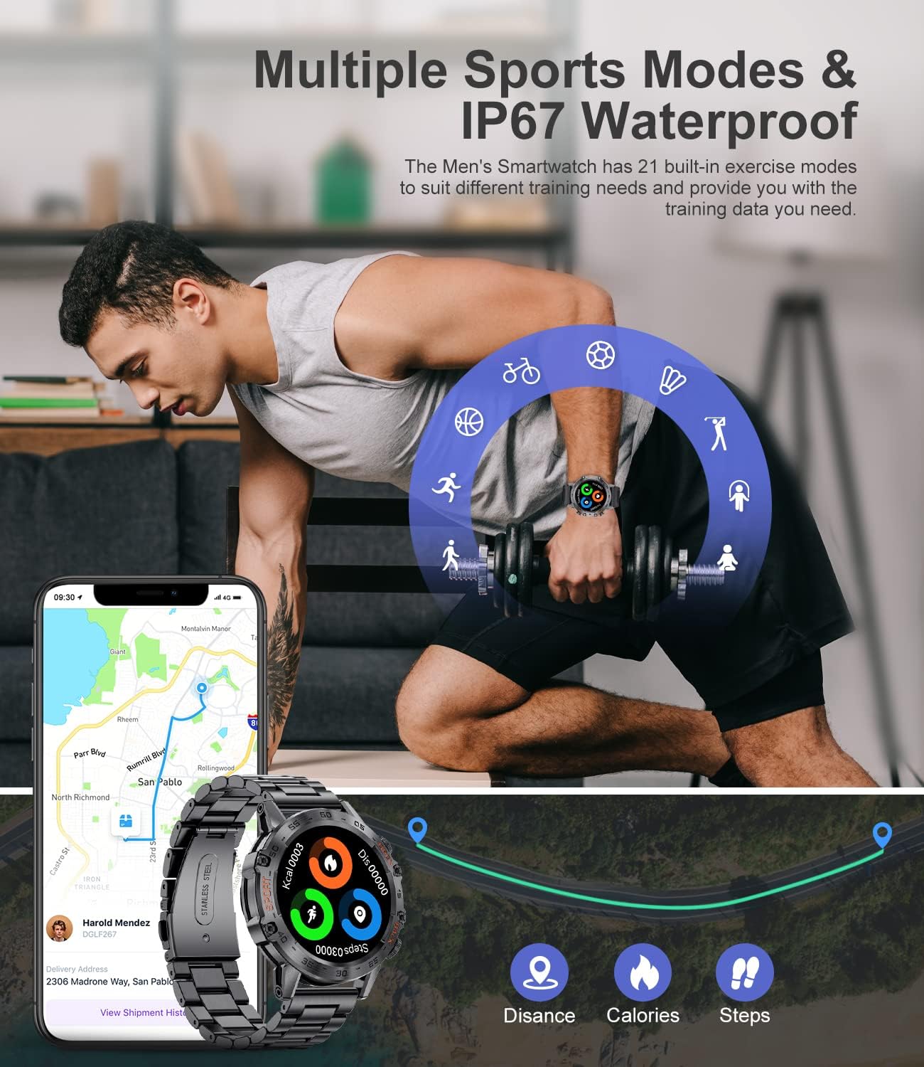 Reloj inteligente militar para hombre, batería larga de 400 mAh, reloj inteligente resistente con llamada Bluetooth, rastreador de actividad física