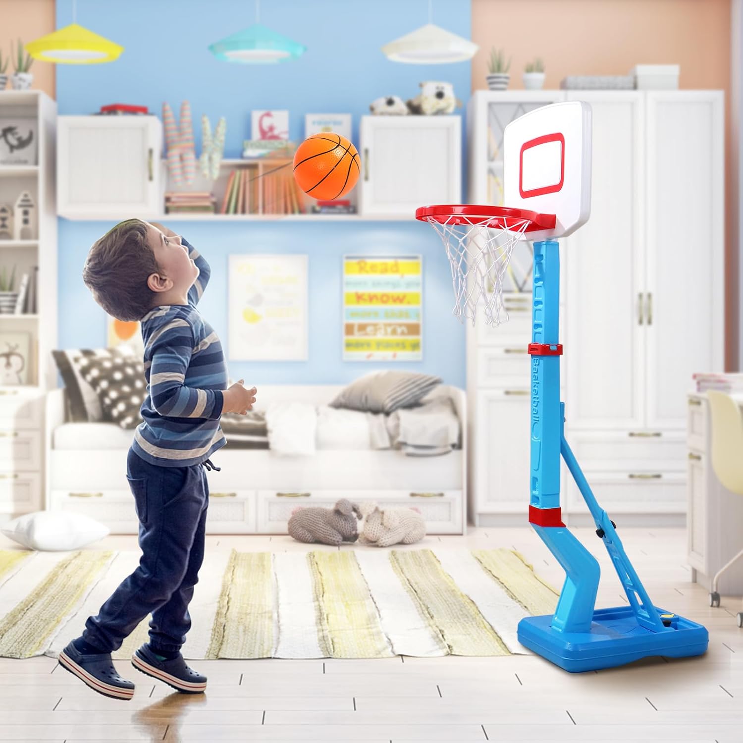 Fajiabao Toddler Basketball Hoop Indoor Adjustable Height Kids Basketball Hoop Outdoor Mini Poolside Basketball Goal with Base, 3 Mini Rubber