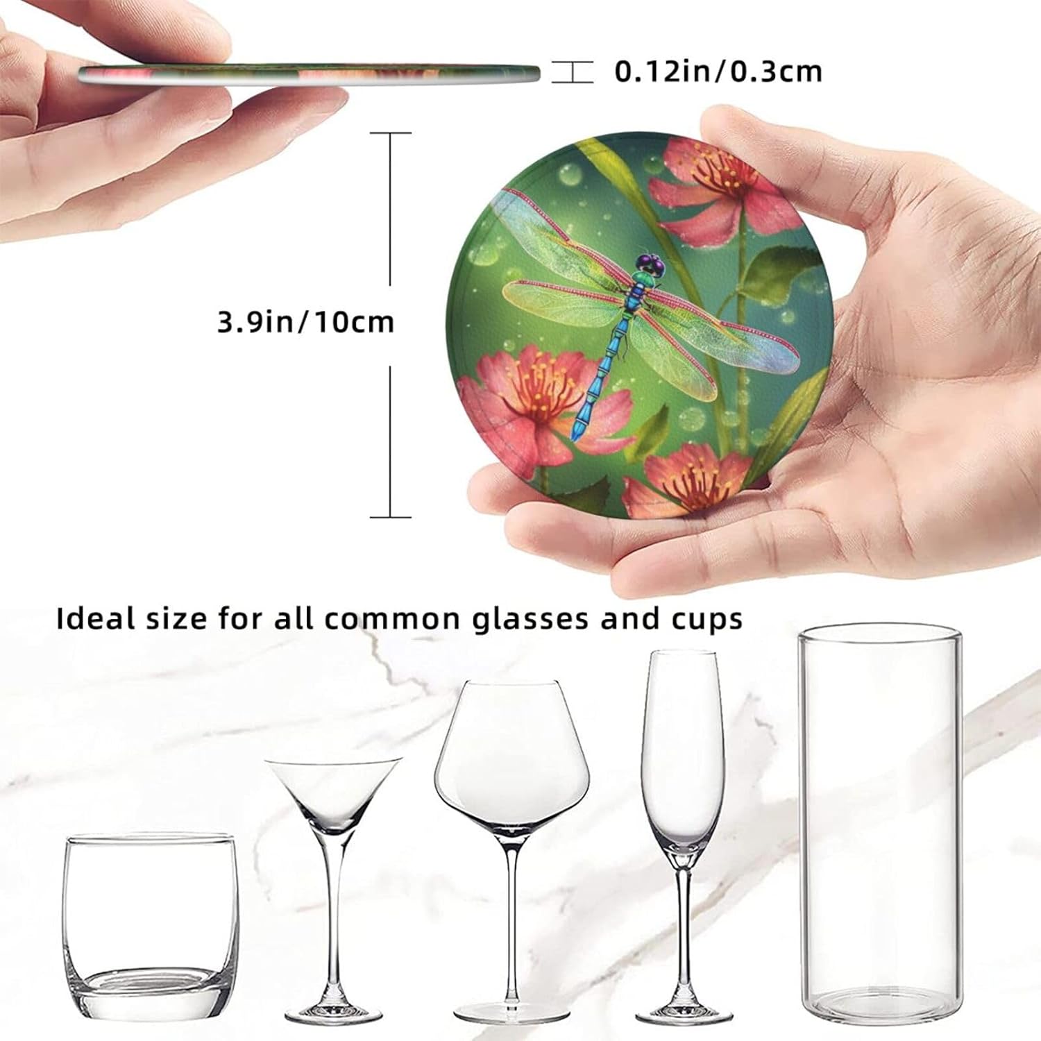 Juego de 6 posavasos de cuero con soporte para bebidas con estampado de libélulas y flores, posavasos redondos para decoración de mesa auxiliar