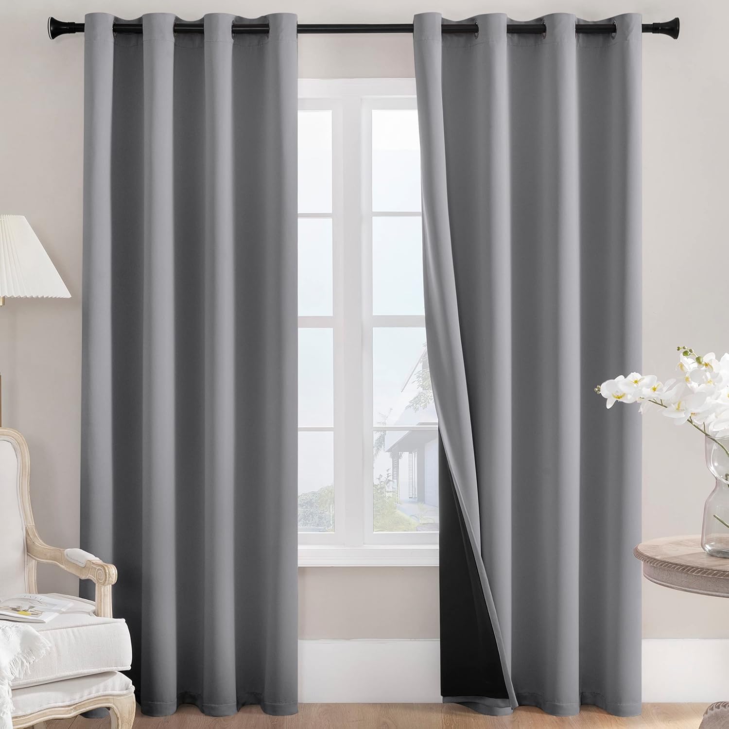 Cortinas 100% opacas, 2 paneles, cortinas de ventana completamente opacas, aislamiento térmico, doble capa con forro negro para sala de estar,