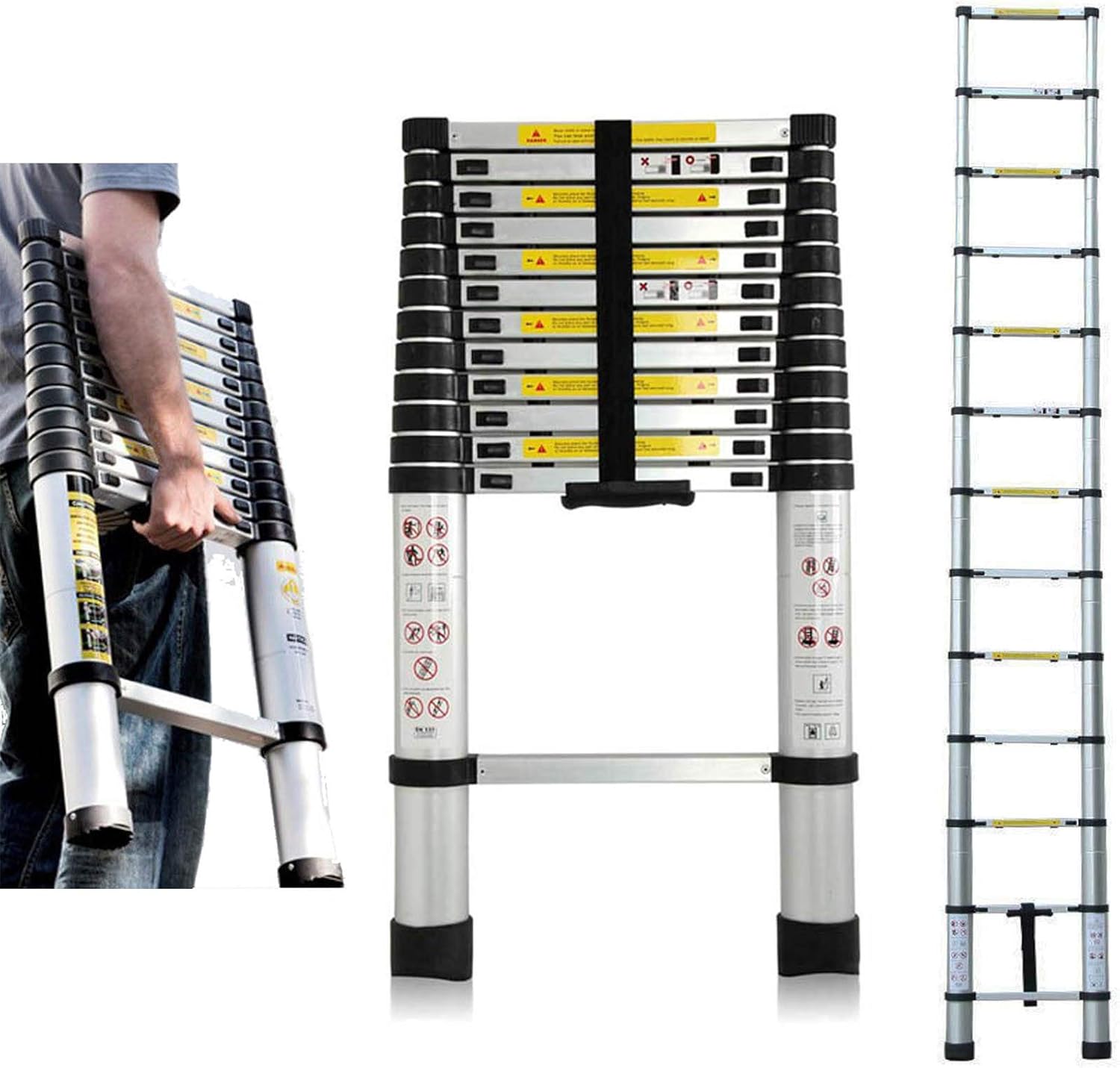 Escalera extensible telescópica de 12.5 pies, 12 escalones, capacidad de carga máxima de 330 libras, EN131, escalera de aluminio con certificación