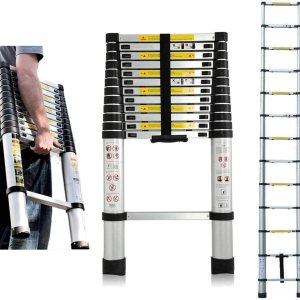 Escalera extensible telescópica de 12.5 pies, 12 escalones, capacidad de carga máxima de 330 libras, EN131, escalera de aluminio con certificación Escalera extensible telescópica de 12.5 pies, 12 escalones, capacidad de carga máxima de 330 libras, EN131, escalera de aluminio con certificación