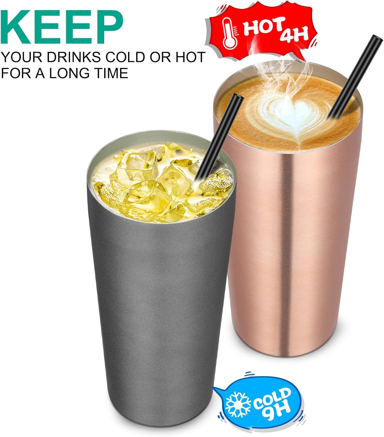 VEGOND – Vaso térmico de acero inoxidable de 20oz con doble pared aislante al vacío con tapa y pajita, para café, viaje, oro rosado