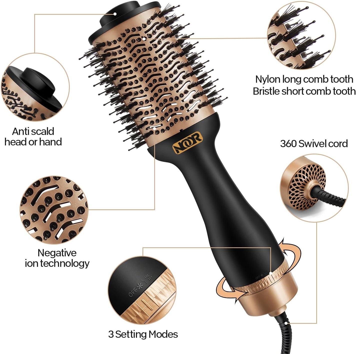 Cepillo secador de pelo 4 en 1 para mujer, alisador de pelo, cepillo secador de pelo voluminizador y estilizador con tecnología de iones negativos,