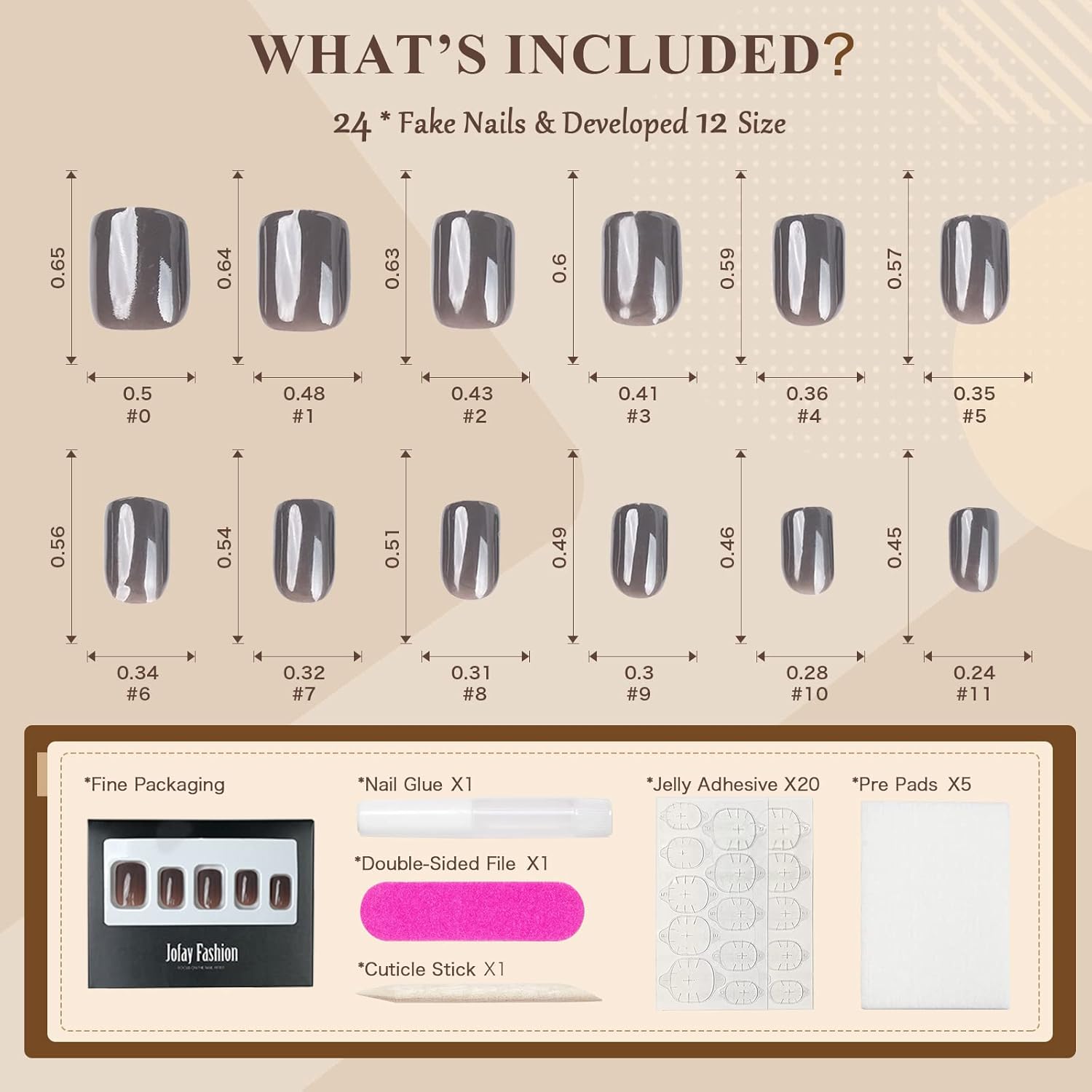 Jofay Fashion – Uñas postizas cuadradas de color marrón café a presión, uñas postizas de color sólido con pegamento, uñas postizas acrílicas cómodas