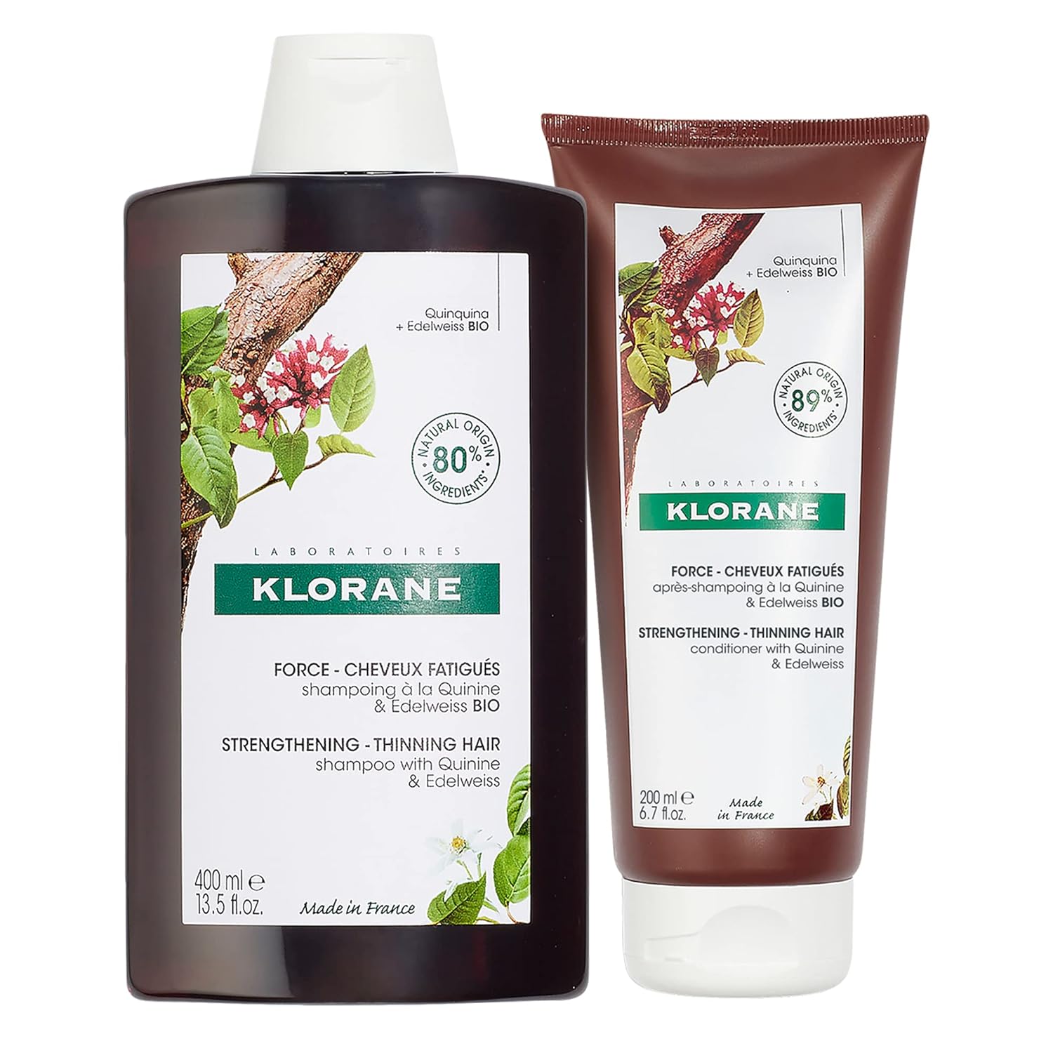 Klorane Champú fortalecedor con quinina y Edelweiss para cabello fino, soporta cabello más grueso, fuerte y saludable, para hombres y mujeres, sin