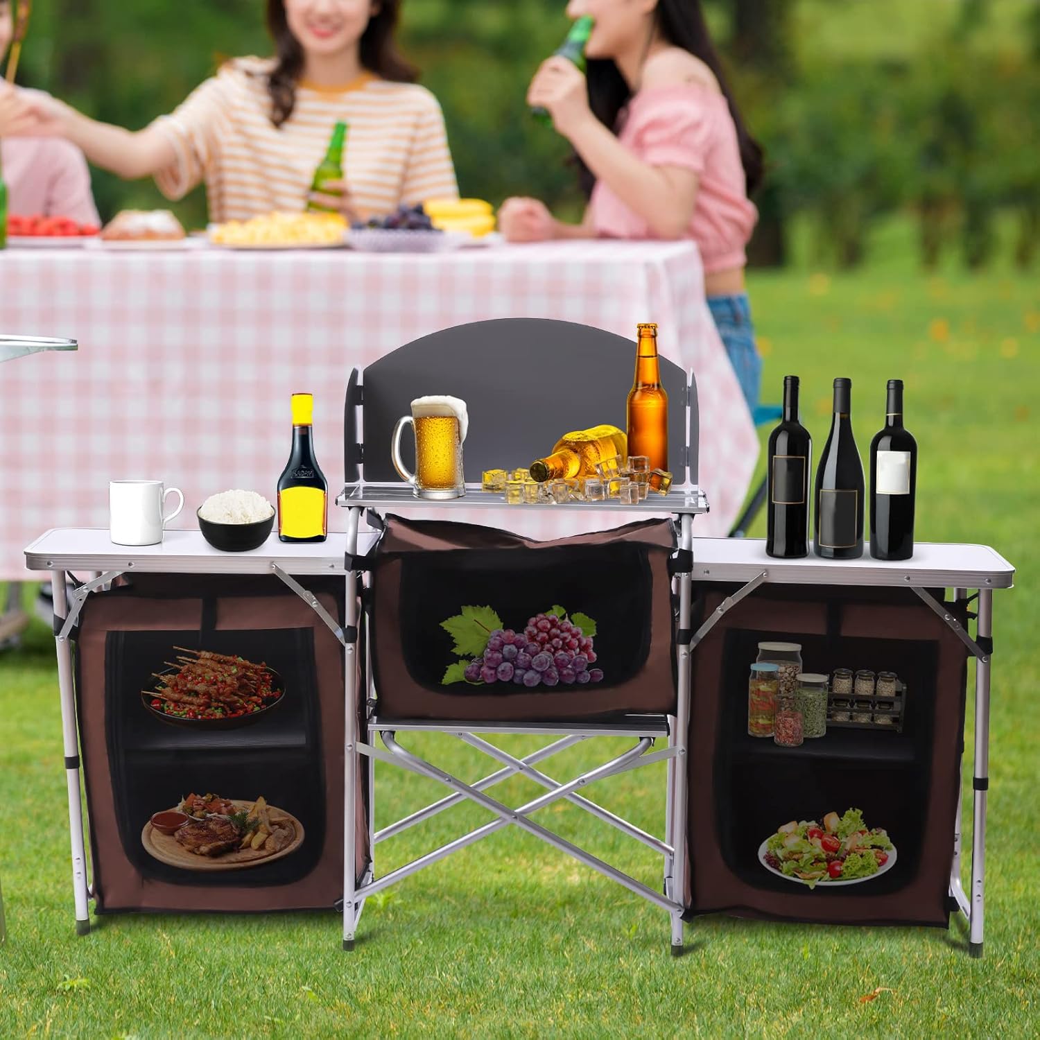 Mesa de cocina plegable para acampar con almacenamiento y 2 mesas laterales, parabrisas desmontable, estación de cocina portátil para campamento al