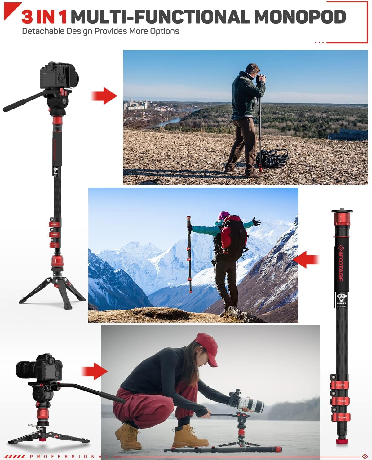 IFOOTAGE Cobra 3 Monopod de fibra de carbono con pedal y gancho para herramientas, monopie portátil de viaje con pies, carga máxima de 17.64 libras,