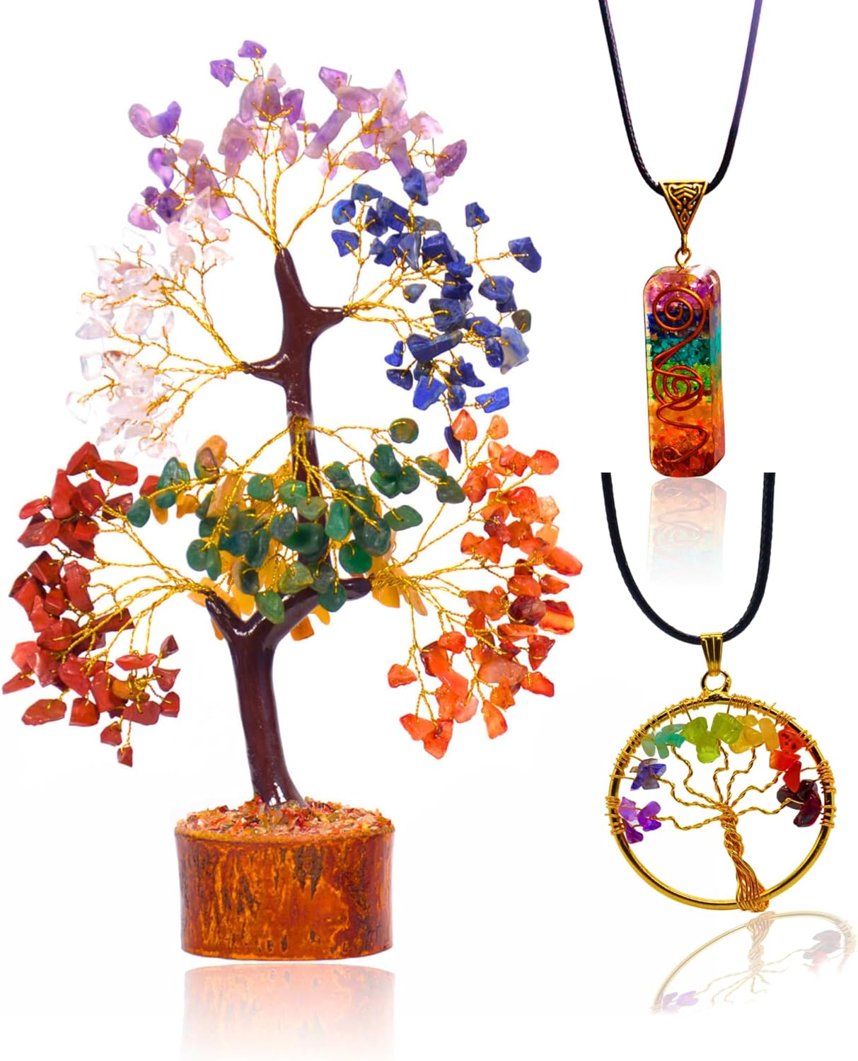 Combo de árbol de siete chakras, colgante de árbol de la vida y colgante de orgón de 7 chakras, árbol de cristal para energía positiva, bonsái de
