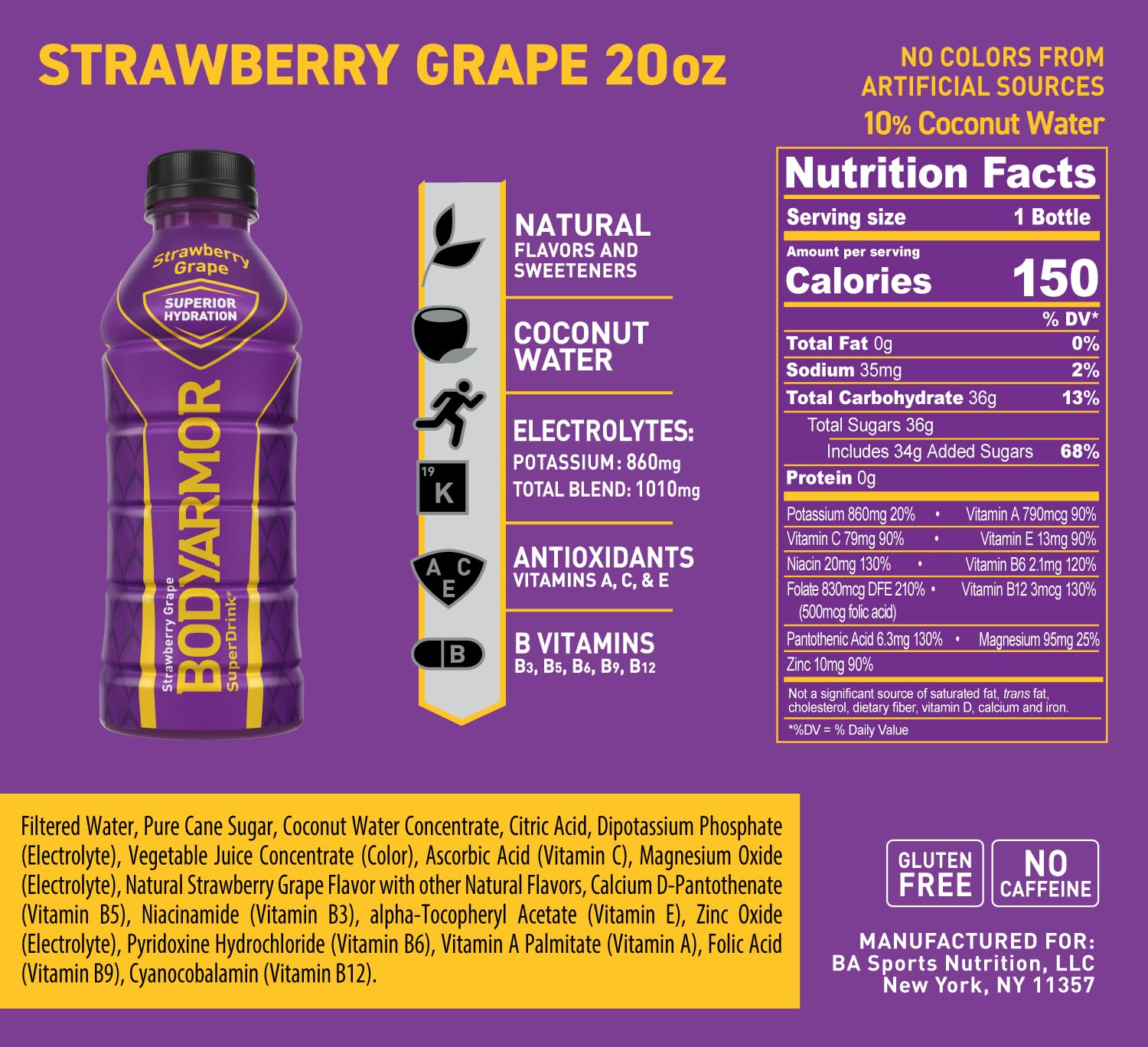 BODYARMOR – Bebida deportiva, Mamba Forever, sabores naturales con vitaminas, electrolitos ricos en potasio, perfecta para deportistas, 20 onzas
