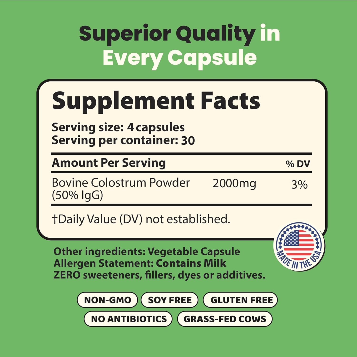 Calostro bovino alimentado con pasto Super Moo – 120 cápsulas – Salud intestinal, recuperación muscular, energía, cabello, piel y suplemento