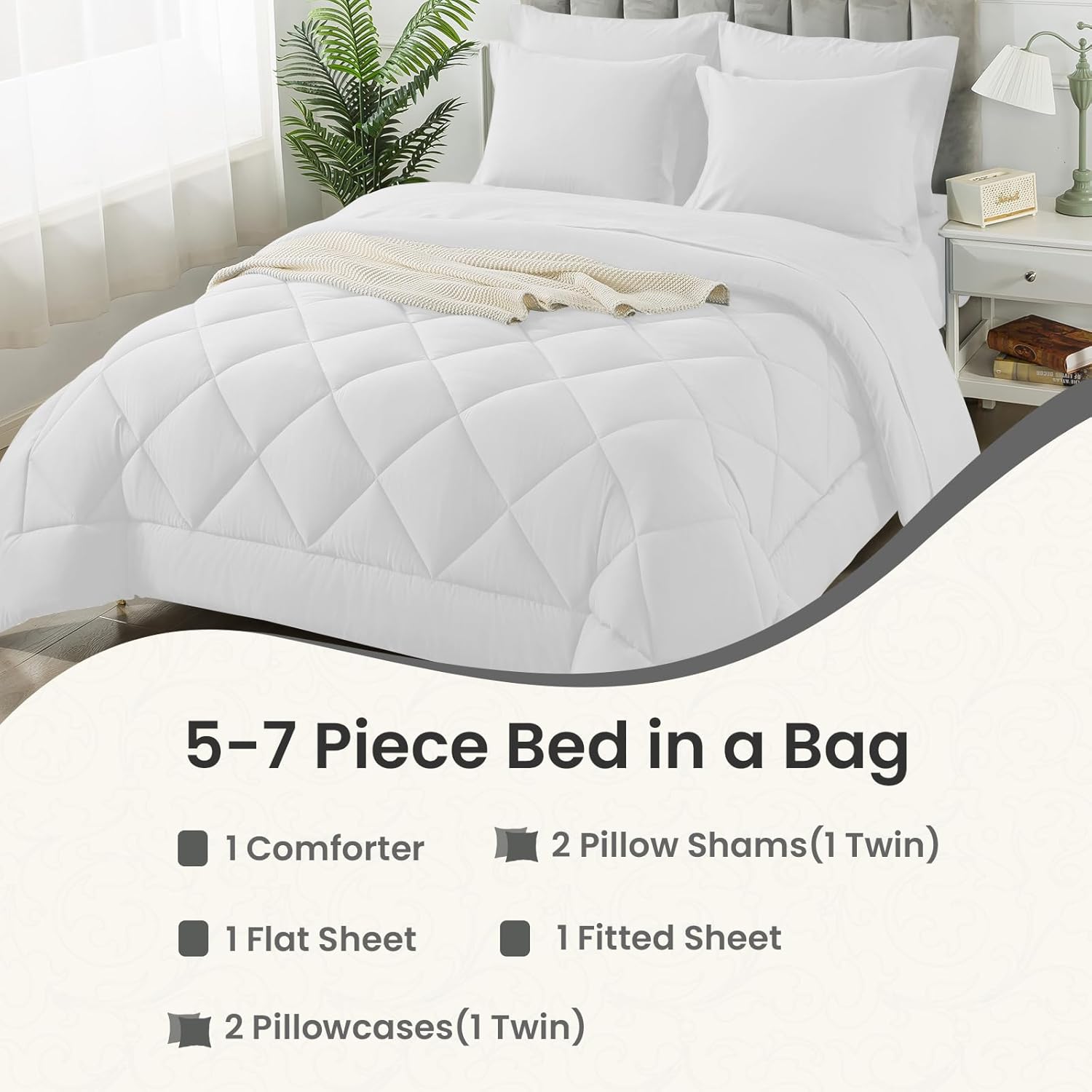Juego de edredón tamaño California King, 7 piezas de cama en una bolsa, juegos de ropa de cama con edredón ligero acolchado suave para todas las