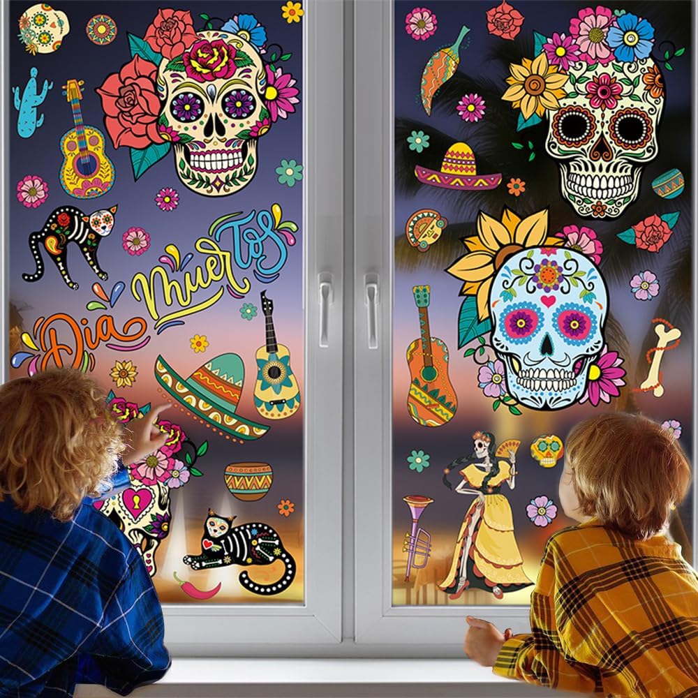81 calcomanías para ventana del Día de los Muertos, Día de los Muertos, calcomanías mexicanas de Halloween para ventana, calavera de azúcar,