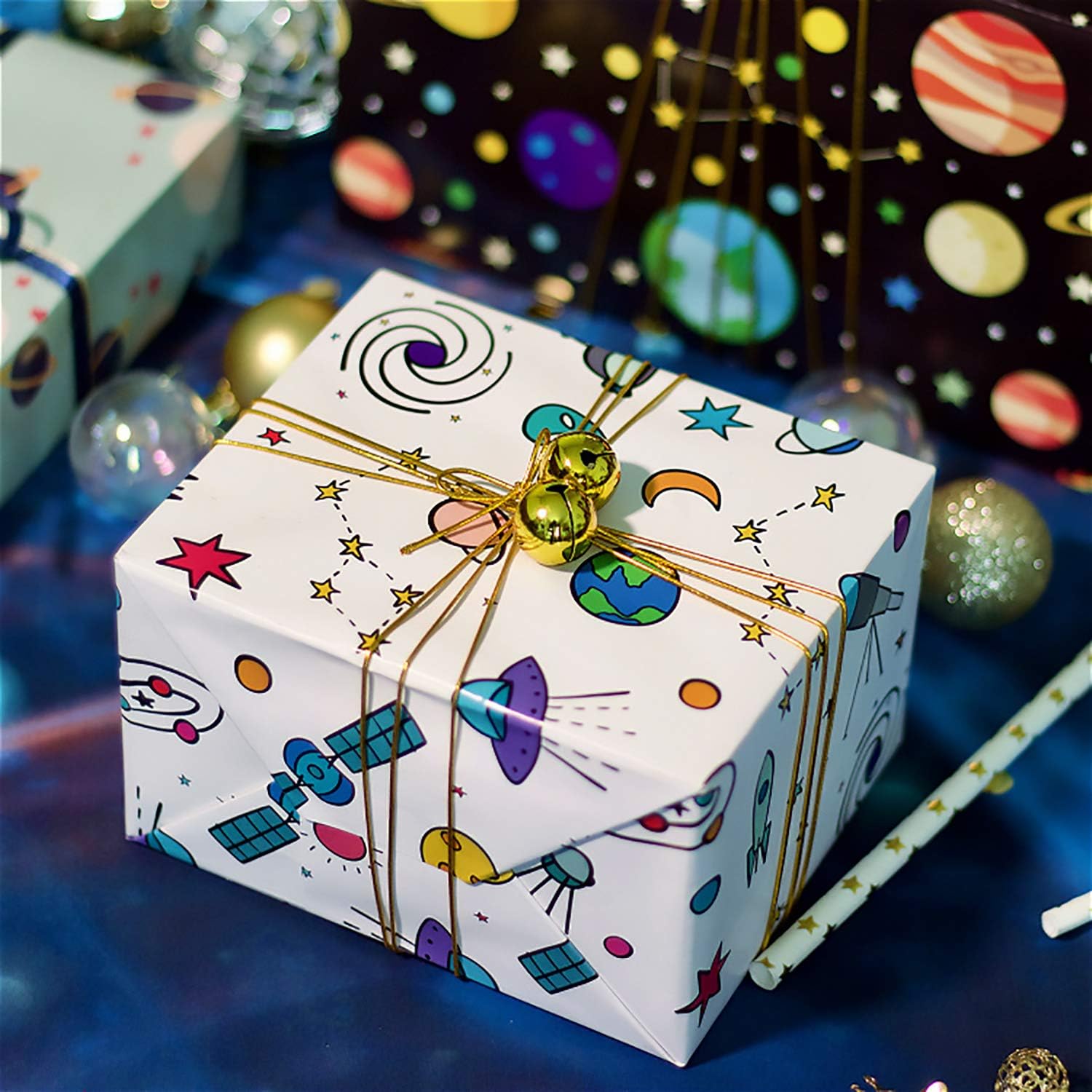 PLULON 6 hojas de papel de regalo de cumpleaños, diseño del espacio exterior para niños, regalo de fiesta de cumpleaños y baby shower