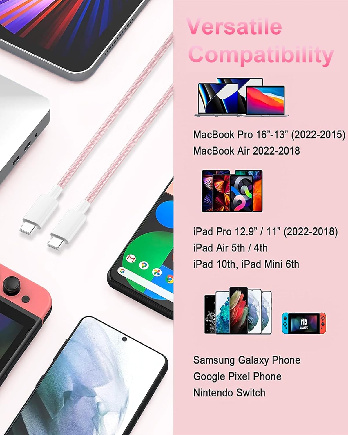 Paquete de 2 cables USB C a USB C de 100 W – Cable de carga rápida para iPhone 15 Pro MaxPlus Samsung S23 iPad Pro iPad AirMini MacBook ProAir