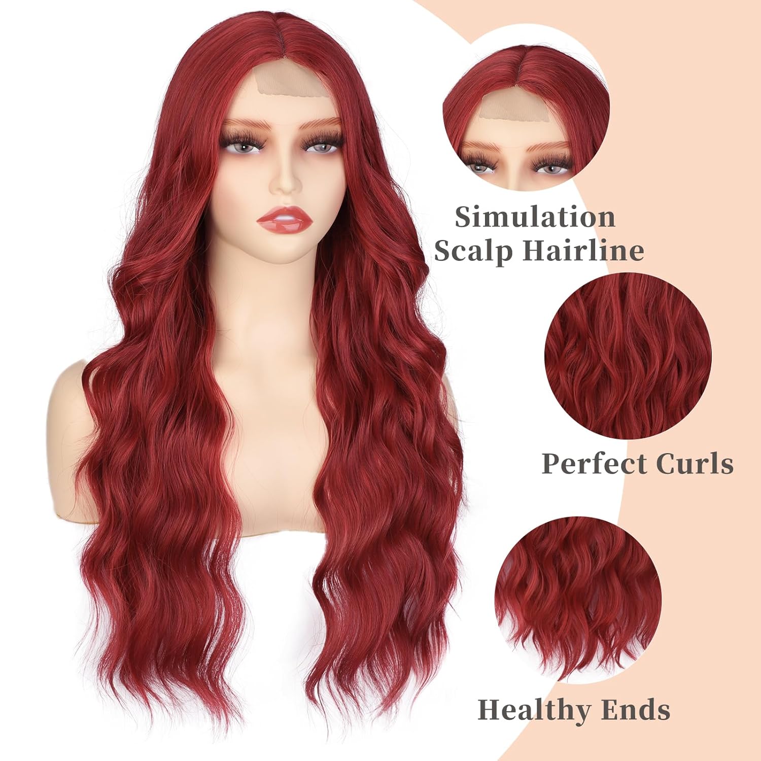 AISI QUEENS Peluca roja larga ondulada roja para mujer, 24 pulgadas, cabello ondulado con raya en medio, resistente al calor, peluca rizada de fibra