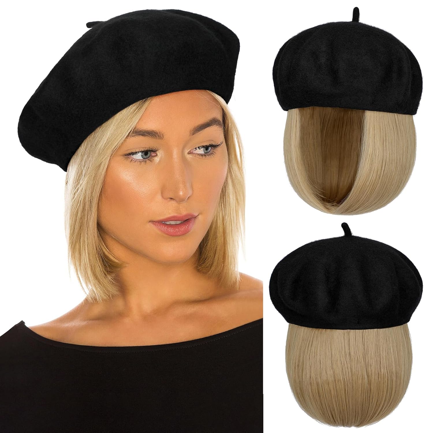 Gorro de boina con extensiones de cabello, sombrero clásico de lana francesa adjunta, 12 pulgadas, lacio, corto, Bob sintético, para mujer, rubio