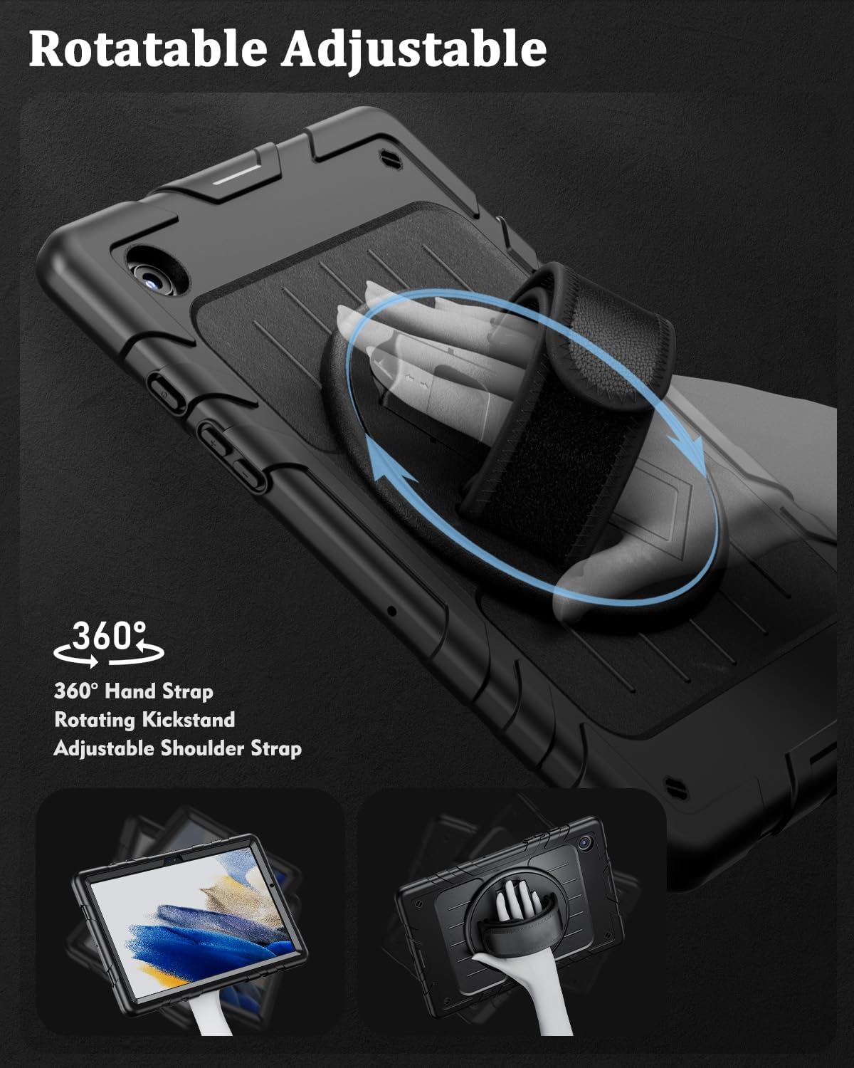 Funda para Samsung Galaxy Tab A8 de 10.5 pulgadas, a prueba de golpes soporte giratorio correa de mano y correa de hombro Funda para tableta Samsung