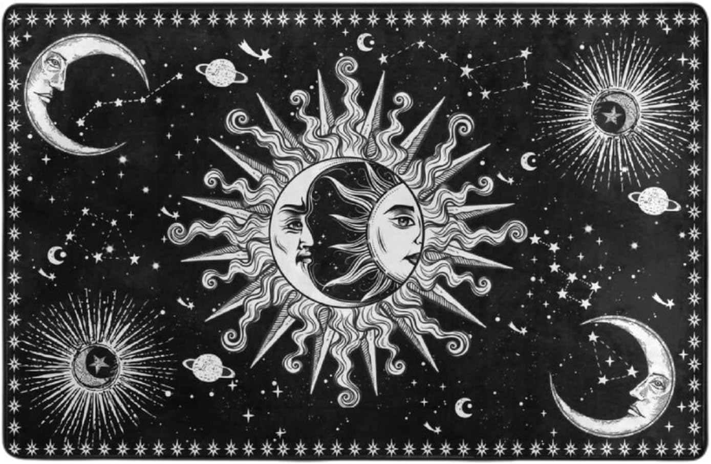 Alfombra estética de sol y luna en blanco y negro con diseño místico de estrellas para interiores y exteriores, 60 x 39 pulgadas
