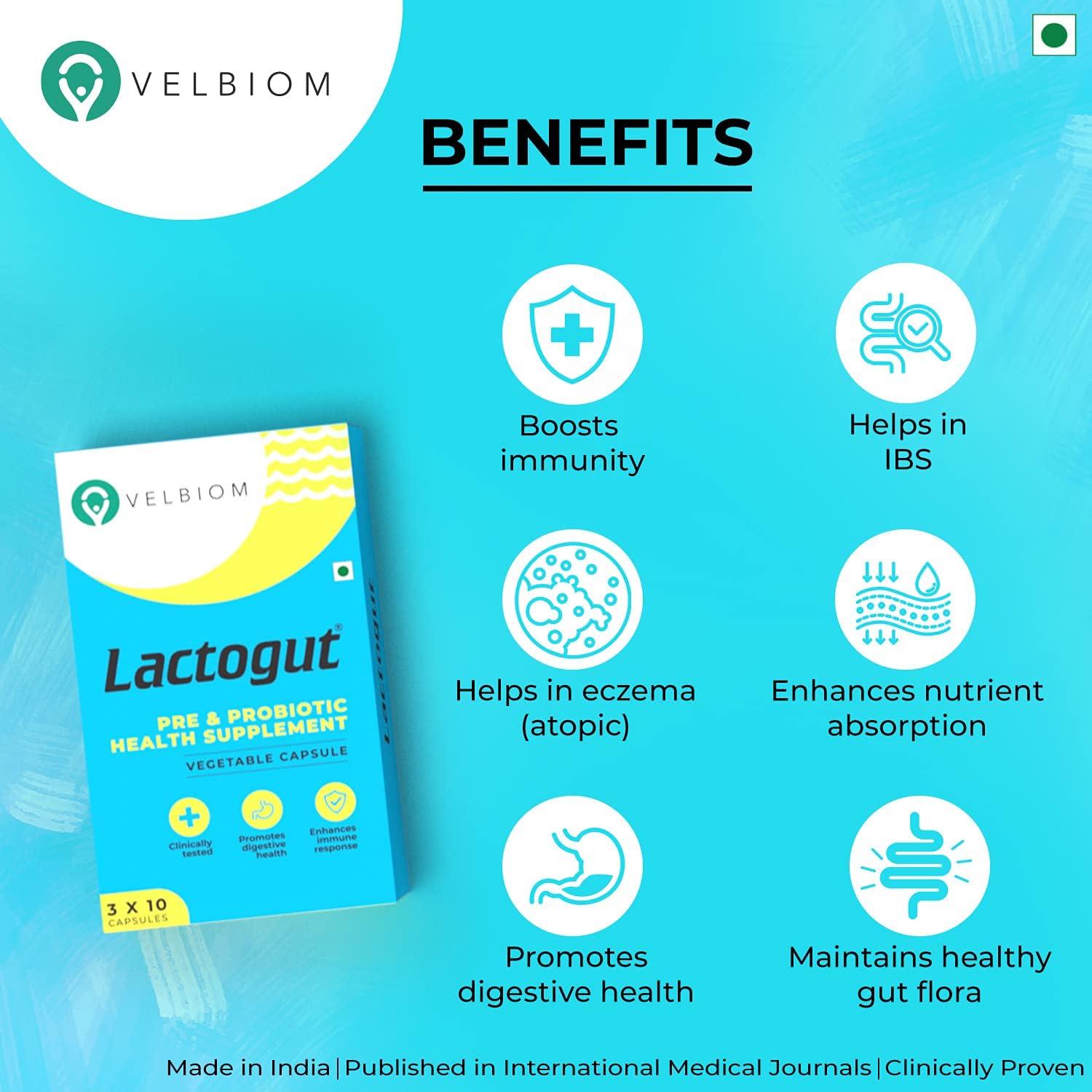 VELBIOM Lactogut Probiotics Suplemento para la inmunidad y la salud digestiva, la salud intestinal multicepa y fórmula preprobiótica específica del