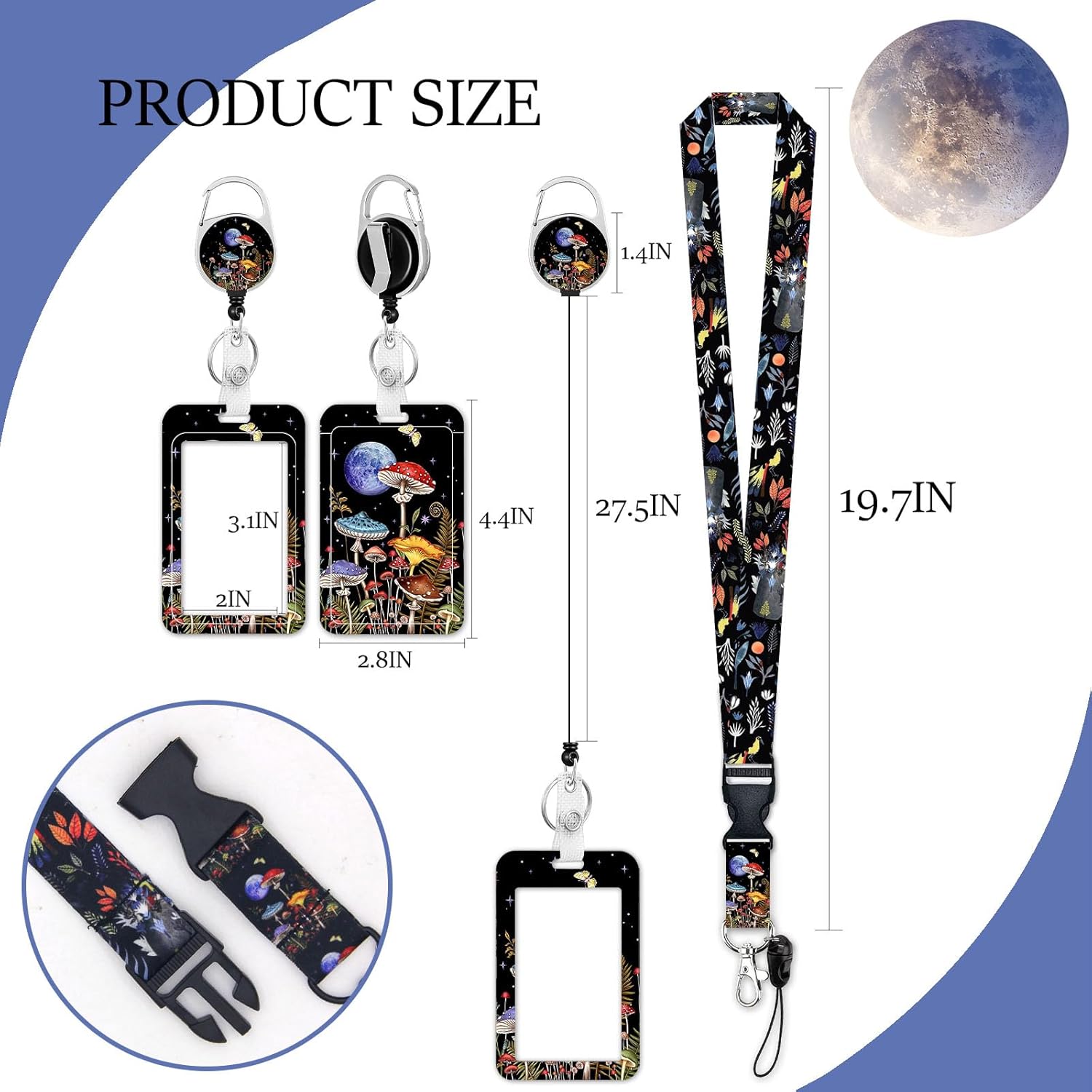 Soporte para tarjetas de identificación con cordón, soporte para tarjetas de identificación con tema de hongos y luna con cordón, soporte para
