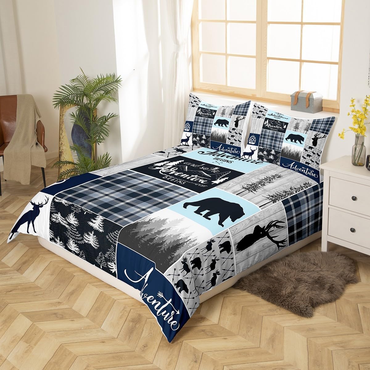 Juego de ropa de cama de cabaña de granja, funda de edredón rústica de oso y ciervo, tamaño Queen, funda de edredón de retazos de bosque para niños,