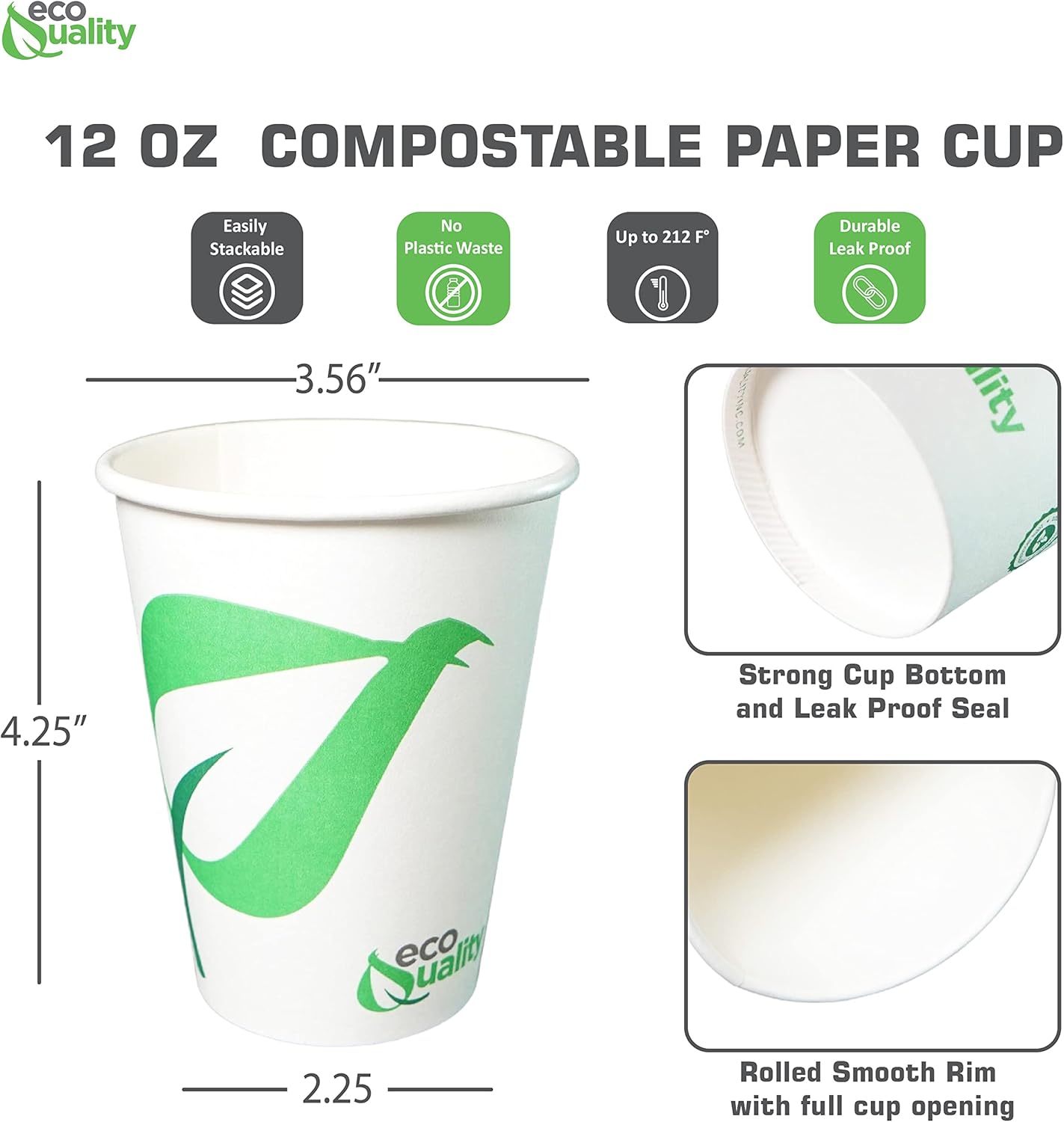 Vasos de papel compostables de 12 onzas, tazas de café de papel blanco biodegradables desechables con forro de ácido poliláctico (PLA), tazas